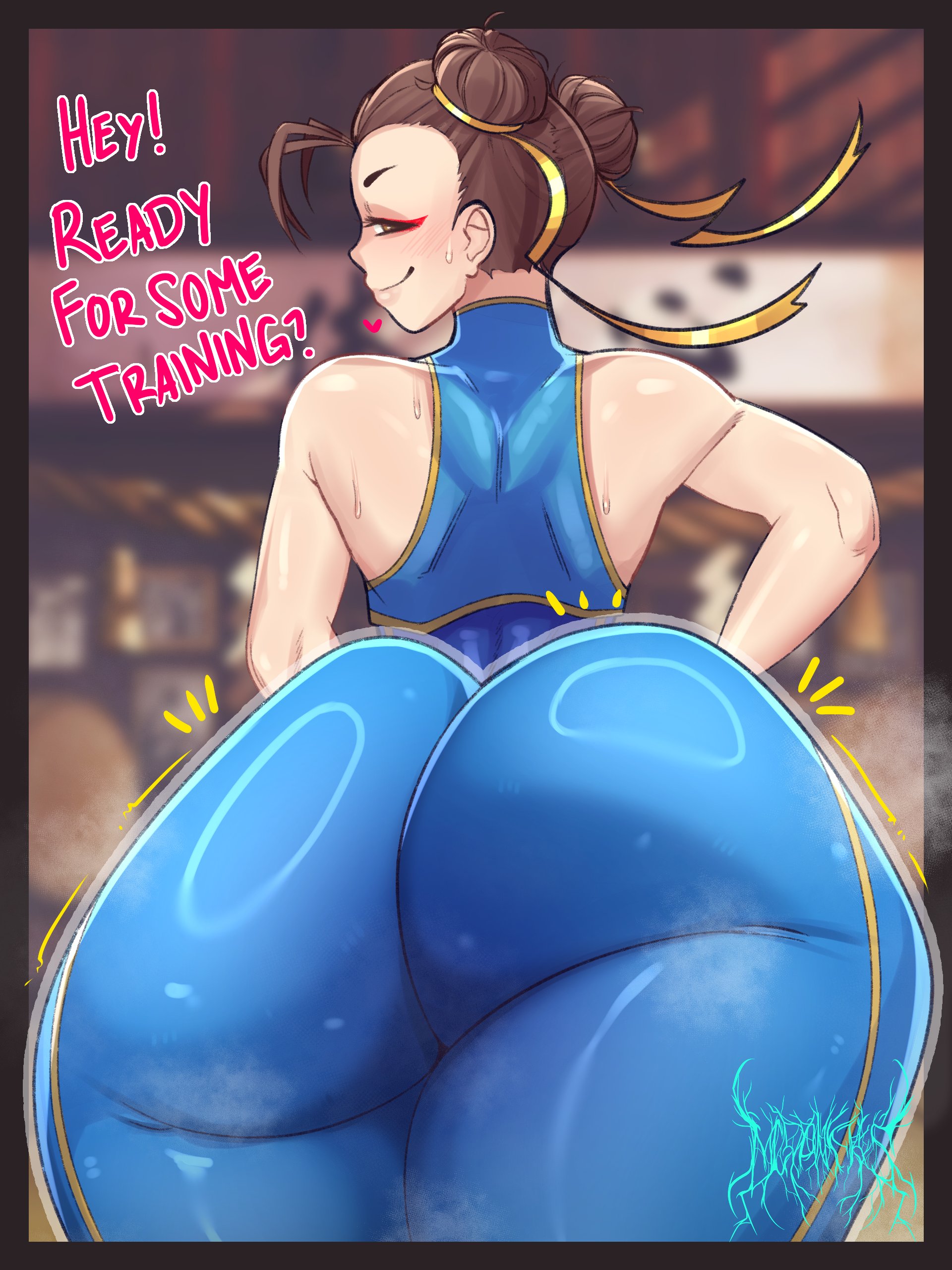 1girls, ass, ass focus, back, back view, big ass, blush, brown eyes, brown hair, bubble ass, bubble butt, capcom, chun-li, clothing, double bun, english, english text, female, female only, heart, huge ass, large ass, looking back, mcdonkies, motion lines, smile, solo, solo female, steam, steamy, steamy ass, street fighter, sweat, sweatdrop, talking to viewer, text, thick thighs, thighs