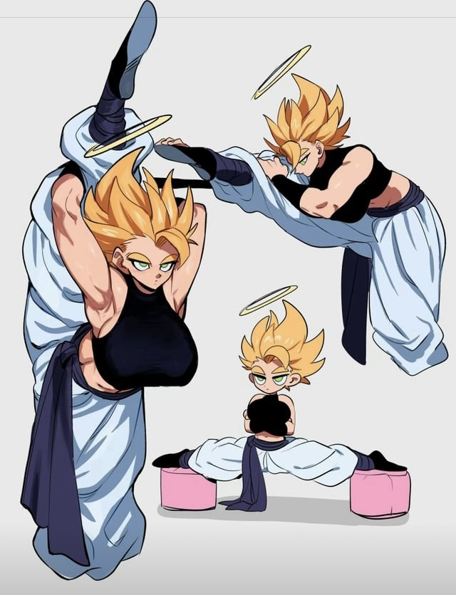 1girls, baggy pants, big breasts, big thighs, breasts, clothed, clothing, corelessmoter, dragon ball, dragon ball super, dragon ball z, exercise, exposed torso, fem gogeta, female, female gogeta, fusion, gogeta, rule 63, stretching, super saiyan, titties, yellow hair