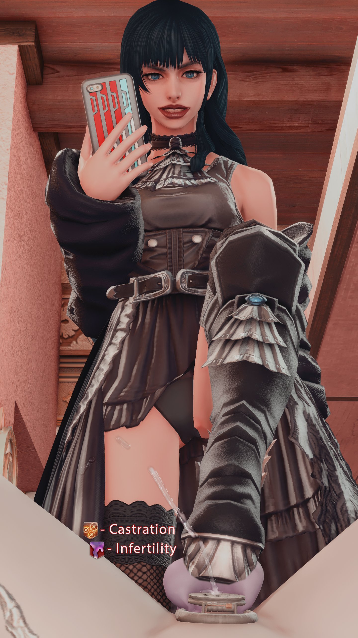 ballbusting, balls, castration, chastity cage, debuff, female, femdom, final fantasy, final fantasy xiv, gaia (ffxiv), infertility, male, male/female, swollen balls