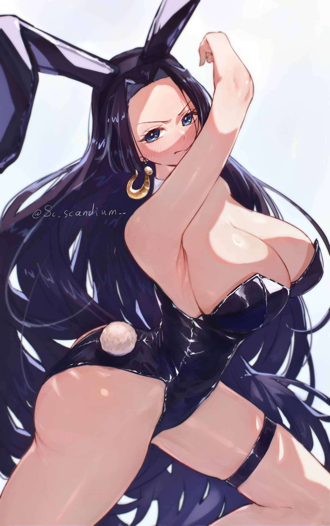 1girls, bare arms, bare shoulders, big breasts, black hair, black-haired female, blue eyes, boa hancock, breasts, bunny ears, bunny tail, bunnysuit, clothed, clothing, color, female, female focus, female only, hi res, large breasts, light skin, light-skinned female, long hair, looking at viewer, one piece, sc scandium, shounen jump, solo, solo female, tagme, thick thighs