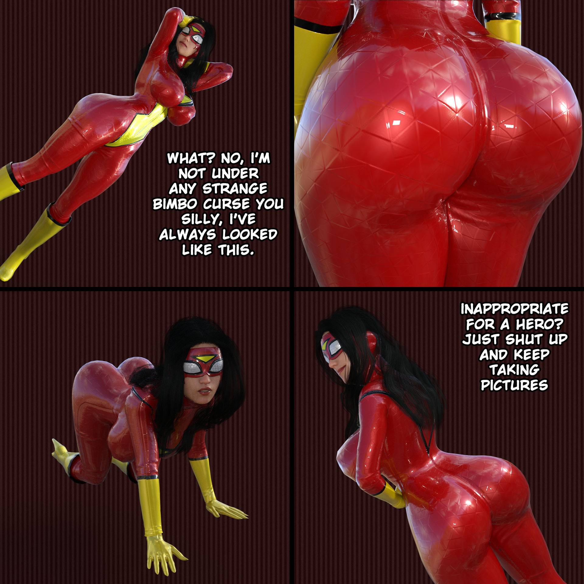 1girls, 3d, 3d (artwork), 3d model, 3d render, all fours, ass, ass focus, big ass, big breasts, bimbo, bimbo body, bimbofication, black hair, bodysuit, breasts, comic, costume, dialogue, english, english text, female, female only, gloves, grakio, heel boots, heels, huge ass, jessica drew, large ass, latex, latex clothing, latex gloves, latex suit, light-skinned female, marvel, marvel comics, mask, masked, masked female, panels, photoshoot, pose, posing, presenting, solo, solo female, spider-woman, spider-woman (jessica drew), text, thick thighs, thighs