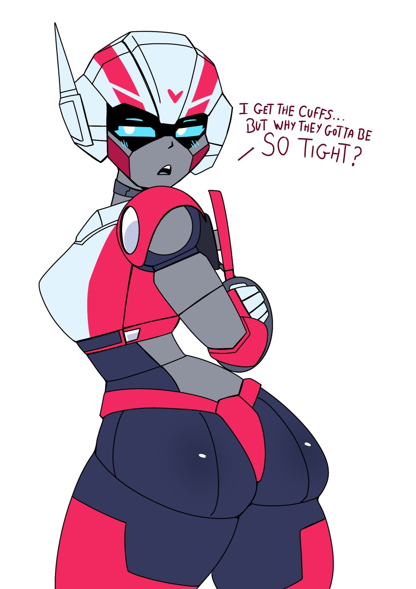 1girls, arcee, ass, big ass, blue eyes, female, freakyyto, handcuffs, helmet, magenta panties, panties, robot, robot girl, robot humanoid, thighhighs, thighs, transformers