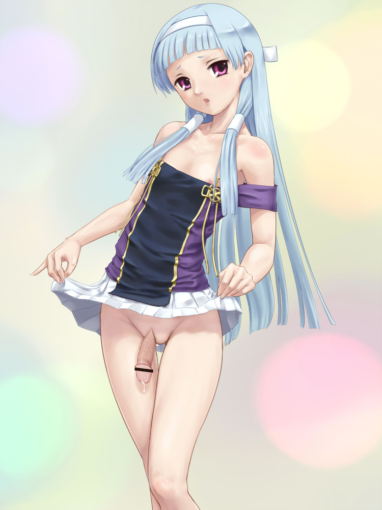 1futa blue_hair blunt_bangs censored clothing flaccid flat_chest futa_only futanari hair_tubes hairband intersex kannagi long_hair nagi penis pink_eyes precum rasukaru rasukaru_(pixiv74058) skirt skirt_lift solo solo_futa strap_slip