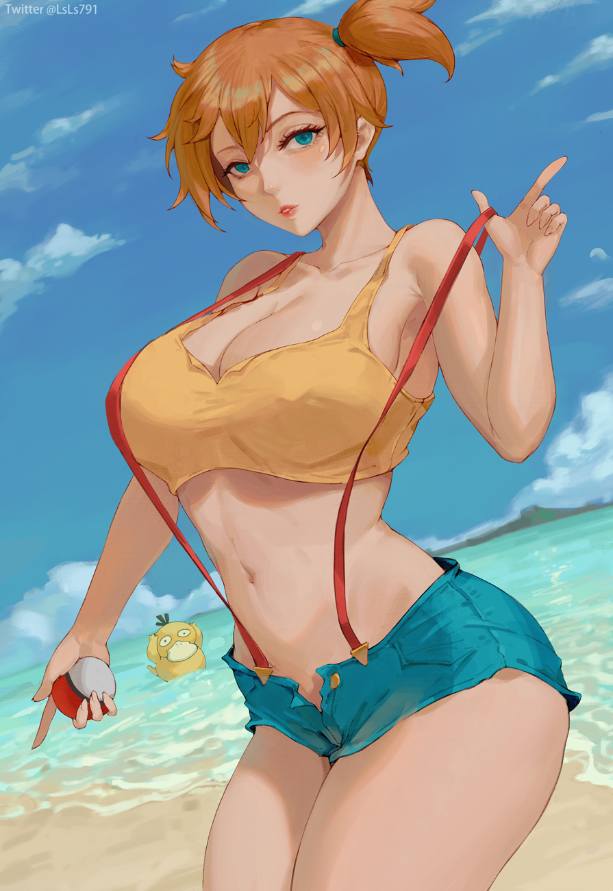 bare shoulders, beach, blue eyes, blue shorts, blue sky, blush, breasts, cleavage, denim, denim shorts, female, gen 1 pokemon, highres, kasumi (pokemon), large breasts, looking at viewer, lsls, medium hair, midriff, navel, nintendo, orange hair, poke ball, poke ball (basic), pokemon, pokemon (anime), psyduck, shore, short shorts, shorts, side ponytail, sky, suspender shorts, suspenders, tank top, thighs, yellow tank top