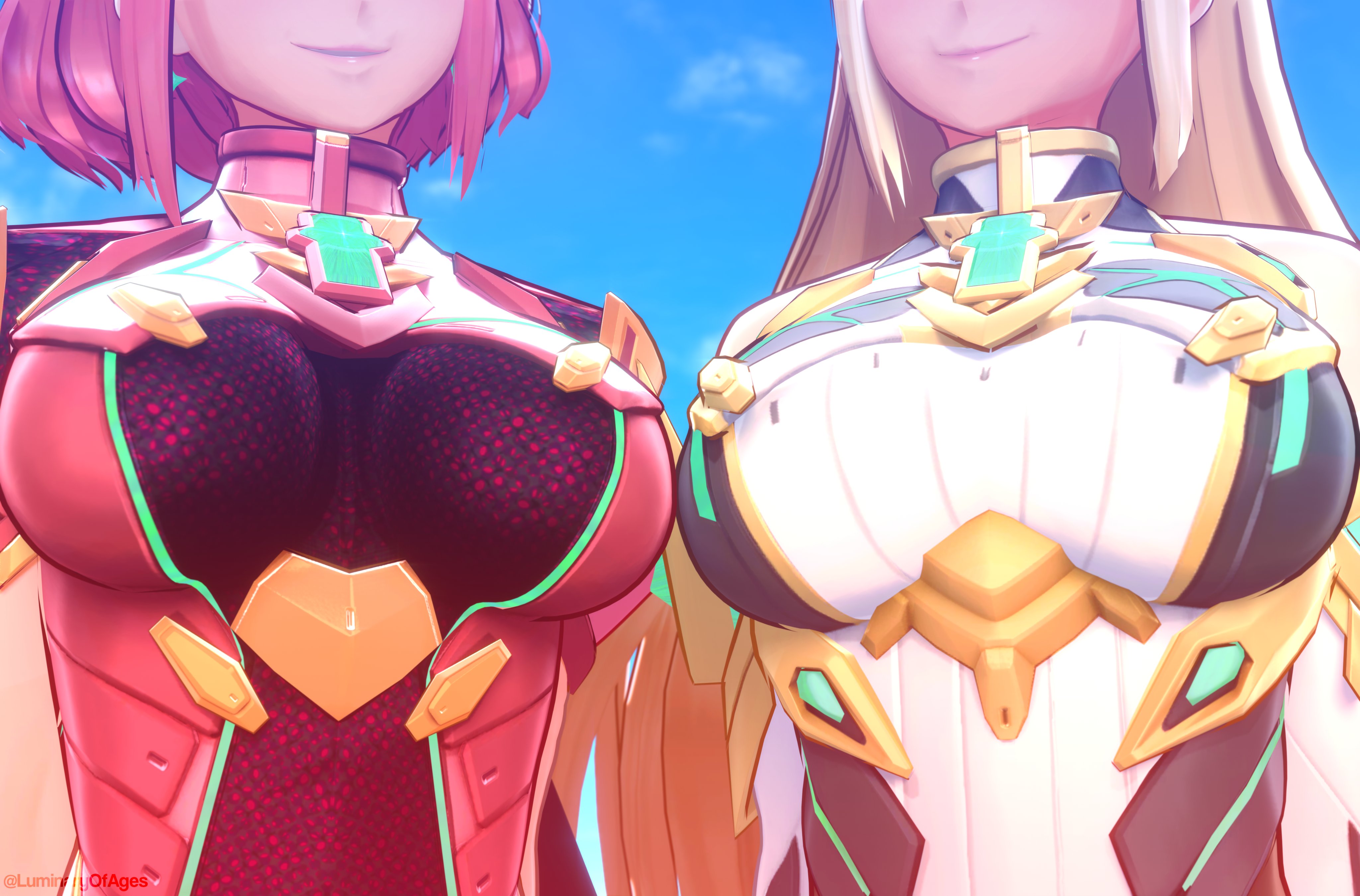 2girls, 3d, alternate version available, big breasts, blonde hair, breasts, breasts focus, earrings, female, female only, head out of frame, large breasts, luminaryofages, multiple females, multiple girls, mythra, pyra, red hair, short hair, smile, xenoblade (series), xenoblade chronicles 2