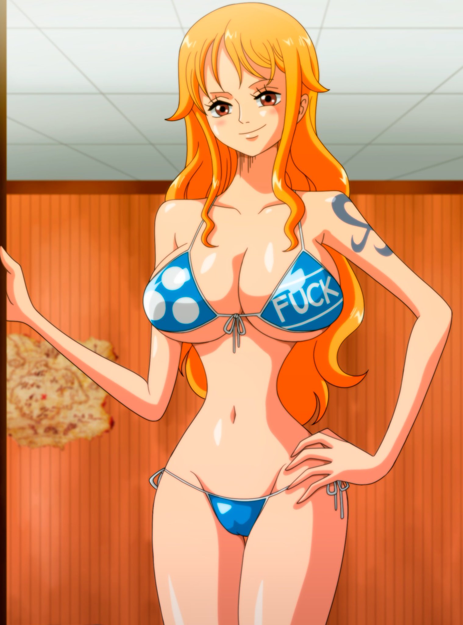 1girls, arm tattoo, bad anatomy, bare legs, bare shoulders, bare thighs, big breasts, bikini, bikini bottom, bikini top, blue tattoo, breasts, clothed, clothing, color, female, female focus, female only, hi res, large breasts, light skin, light-skinned female, long hair, looking at viewer, nami (one piece), one piece, orange eyes, orange hair, orange-haired female, shounen jump, solo, solo female, tagme, tattoo, thick thighs, yamamoto doujin