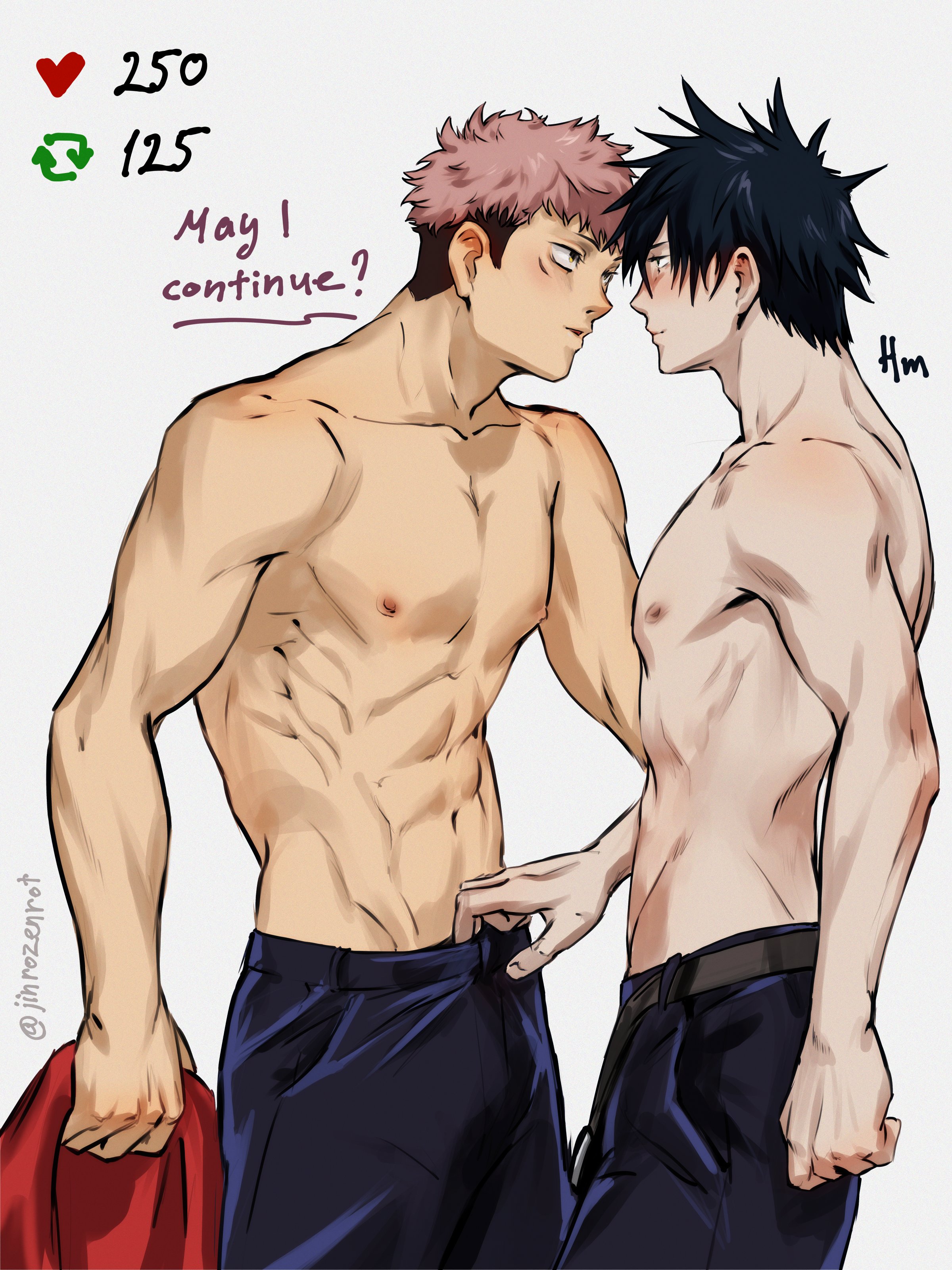 bara, fushiguro megumi, gay, itadori yuuji, jinrozenrot, jujutsu kaisen, male, male focus, male only, muscular, muscular male, yaoi