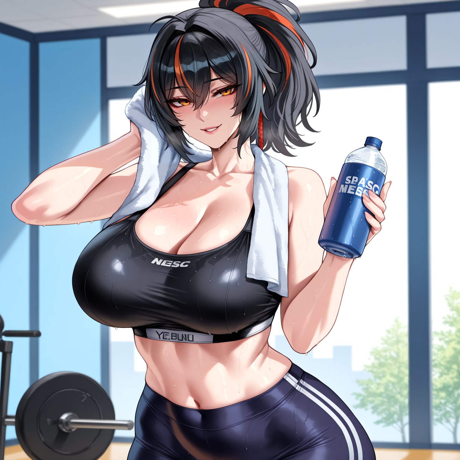 1girls, adidas, ai generated, bangs, bare shoulders, black bra, black hair, black pants, black sports bra, blush, bottle, bra, brand name imitation, breasts, clavicle, cleavage, clothing, collarbone, curvaceous, curvaceous female, curvaceous figure, curvy, curvy figure, female, female focus, female only, gym, hair between eyes, holding, holding bottle, holding towel, huge breasts, indoors, inviting, inviting to sex, large breasts, long hair, looking at viewer, midriff, mogu-tyan, mole, multicolored hair, navel, orange eyes, orange hair, pants, parted lips, ponytail, presenting, presenting ass, presenting breasts, presenting hindquarters, presenting self, red hair, seductive, seductive look, seductive smile, smile, solo, sports bra, sportswear, stomach, streaked hair, sweat, thighs, towel, towel around neck, track pants, underwear, voluptuous, voluptuous female, water bottle, wiping sweat, yellow eyes, yoga pants, zenless zone zero, zhu yuan