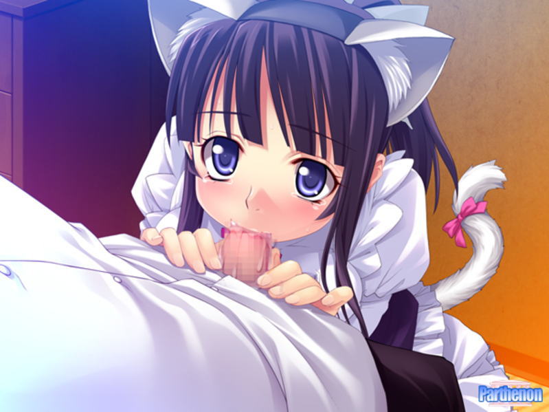 animal_ears blue_eyes blush cat_ears cat_tail censored fellatio fur game_cg hairband maid mayou_miko oral penis purple_hair ribbon tail tail_ribbon tears yaya_hinata