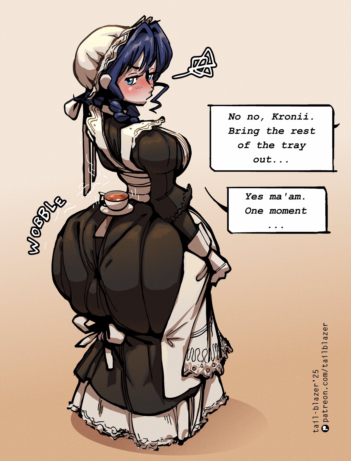 1girls, 2025, ass, big ass, dialogue, dress, english text, female, hi res, high resolution, highres, hololive, hololive english, hololive english -council-, hololive english -promise-, huge ass, large ass, maid, maid headdress, maid uniform, massive ass, object on ass, ouro kronii, ouro kronii (maid), shelf booty, solo, solo female, solo focus, tail-blazer, tea cup, text, virtual youtuber, vtuber