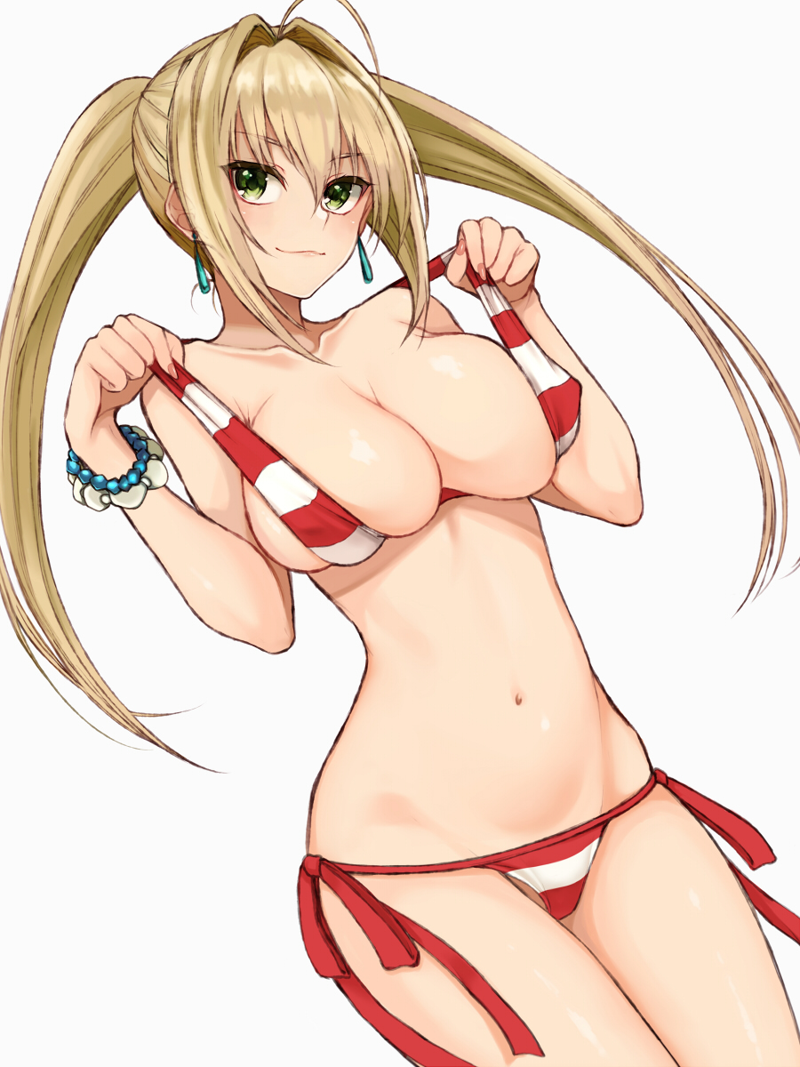 1girls, ahoge, bead bracelet, beads, big breasts, bikini, blonde hair, bracelet, breasts, cleavage, cocq taichou, collarbone, covered erect nipples, earrings, fate (series), fate/grand order, female, female only, green eyes, hair intakes, highres, huge breasts, jewelry, large breasts, light-skinned female, long hair, navel, nero claudius (fate), nero claudius (swimsuit caster) (fate), red bikini, side-tie bikini bottom, simple background, solo, stomach, strap pull, striped bikini, striped clothes, swimsuit, twintails, very long hair, white background