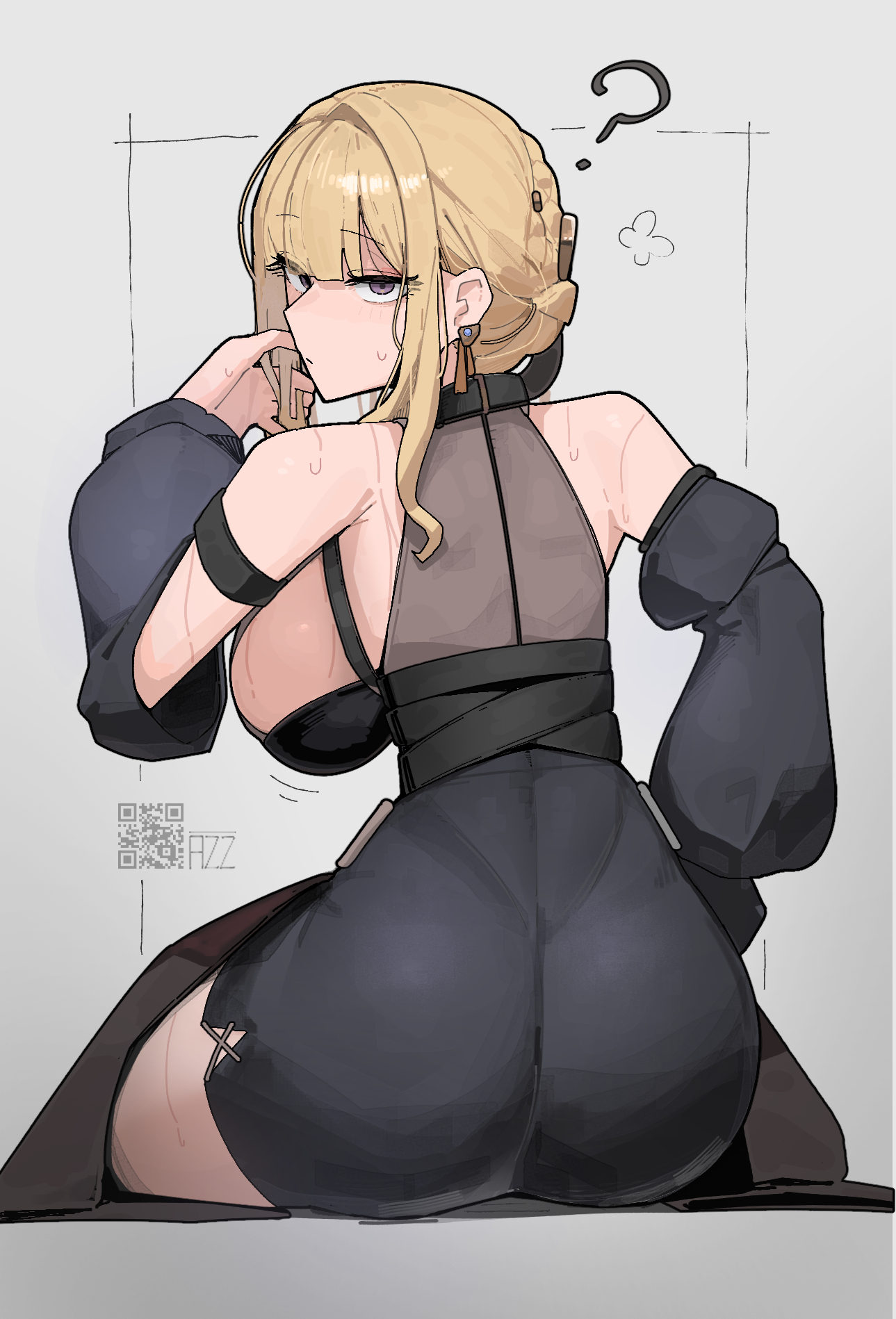 1girls, ass, azz0422, blonde hair, breasts, dress, evelyn chevalier, female, female focus, female only, large breasts, light skin, light-skinned female, looking at viewer, looking back, purple eyes, solo, tight clothing, wide hips, zenless zone zero