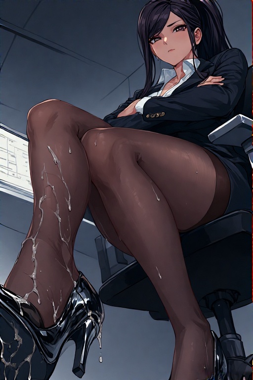 ai generated, crossed arms, cum on leg, cum on shoes, dark skin, dark-skinned female, female, high heels, milf, office lady, ponytail, stockings