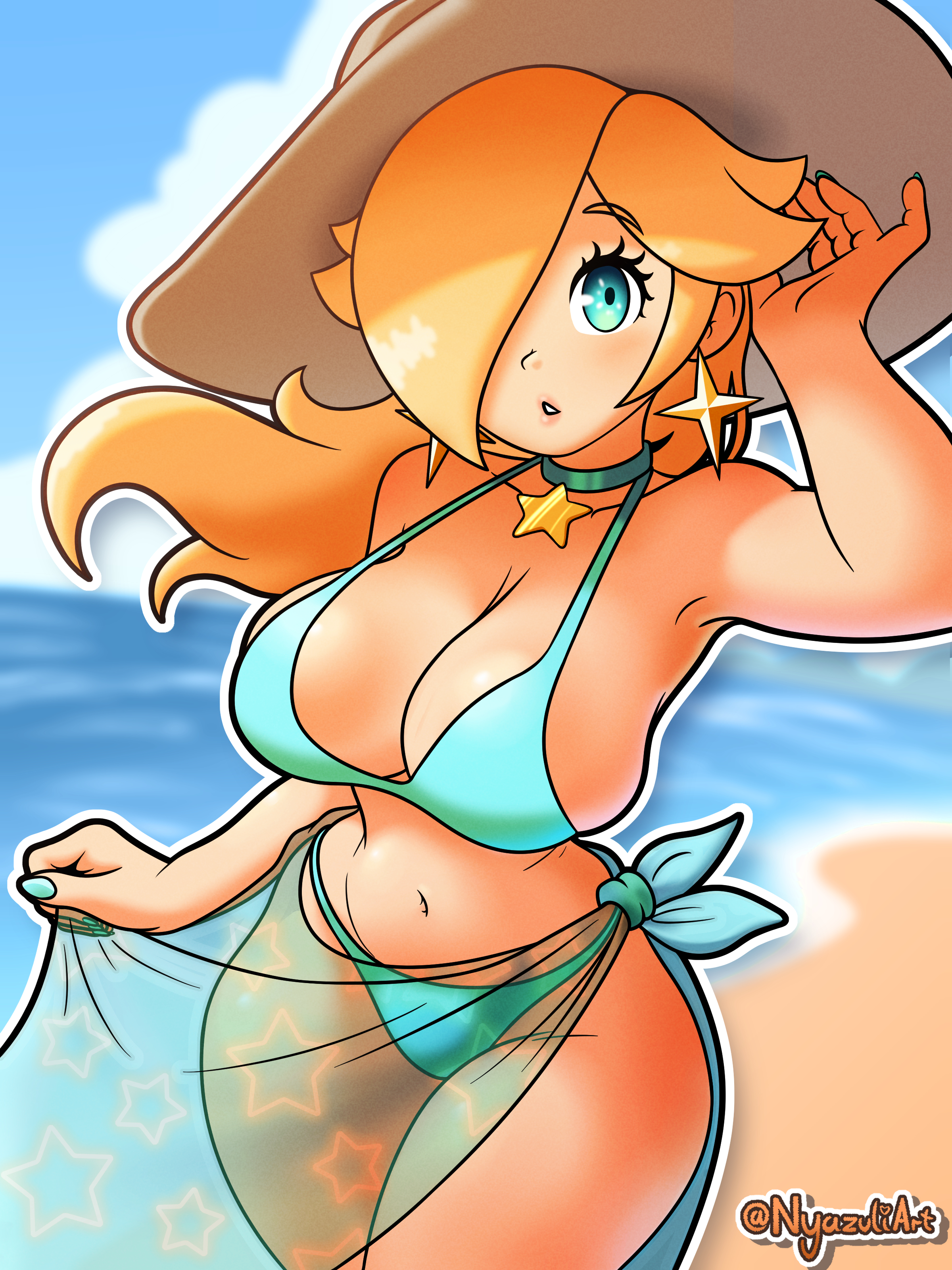 1girls, beach, big breasts, bikini, bikini bottom, bikini top, blonde hair, blue bikini, blue eyes, blue nail polish, blue nails, bottomwear, breasts, cleavage, earrings, female, female only, hair, hair over one eye, hat, headwear, hips, huge breasts, lips, long hair, mario (series), nail polish, nails, neckwear, nintendo, nyazuliart, princess rosalina, sarong, solo, solo female, sun hat, swimwear, thighs, topwear, wide hips