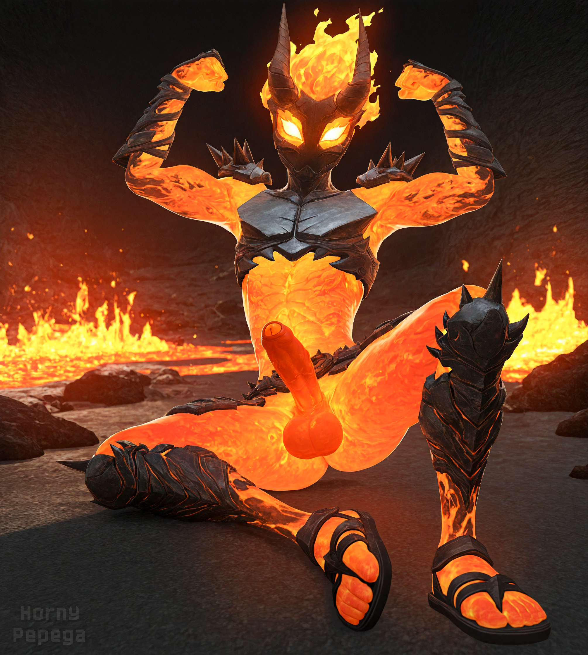 1boy, 3d (artwork), absurd res, armor, balls, elemental humanoid, erection, feet, femboy, femboy only, fire, flame, flame atronach, flame atronach (morrowind), flame atronach (oblivion), flexing, foreskin, full-length portrait, gay, glowing eyes, hi res, horn, horny pepega, hung femboy, looking at viewer, male, male focus, male only, no mouth, oblivion, on ground, penis, presenting, presenting penis, sandals, shaded, sitting, solo, solo focus, the elder scrolls, uncircumcised, yaoi