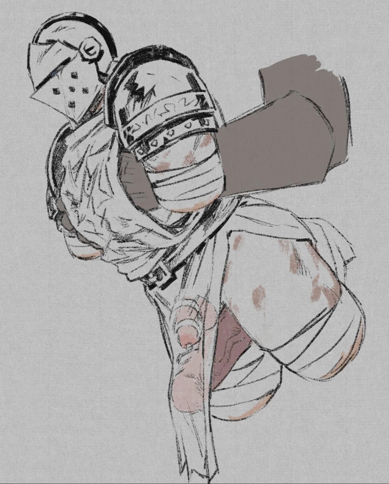 1022curses, 1boy, 2025, amputee, armor, balls, bandaged arm, bandaged leg, bara, big penis, chastity cage, chastity device, cock cage, crusader, crusader (darkest dungeon), darkest dungeon, gay, gay male, gore, held up, helmet, knight, male, male only, masked, masked male, nugget, pauldrons, penis, penis vein, scrotum, size difference, solo, solo focus, solo male, suspended, suspended in midair, tabard, tears, testicles, unseen character, unseen male face, veiny, veiny penis, yaoi