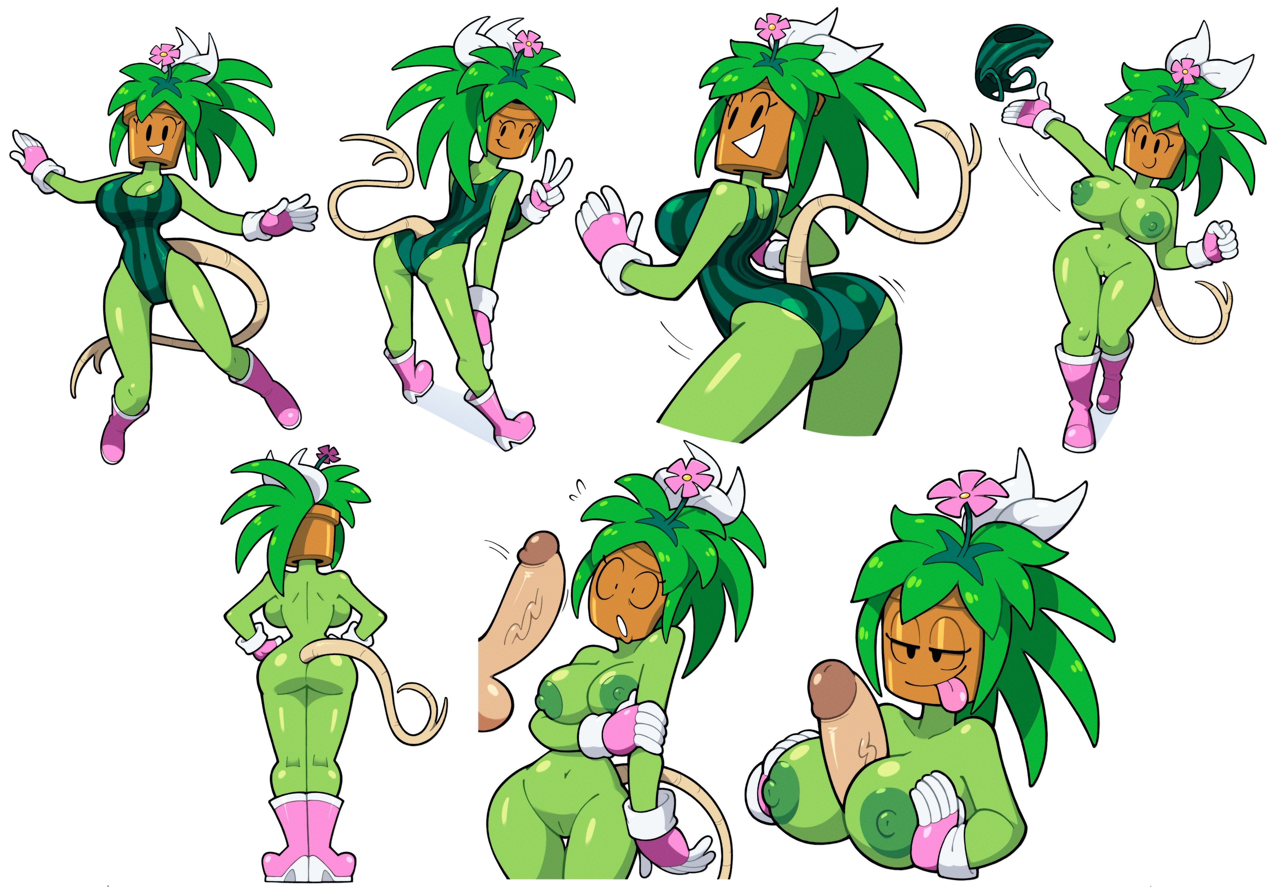 1boy, 1girls, balls, blaster master, blaster master zero 2, boots, breasts, cock shock, completely nude, female, flower, gloves, highres, inti creates, kanna (blaster master), large breasts, leaf, leaf hair, leotard, male, multiple images, multiple poses, naked footwear, one-piece swimsuit, paizuri, peace sign, penis, penis awe, penis between breasts, plant, plant girl, ponytail, potted plant, shaking butt, smile, stealth brock, straight, stripping, sunsoft, swimsuit, tail, taking clothes off, throwing clothing, titjob, tongue, tongue out, unseen male face, v sign, watermelon print