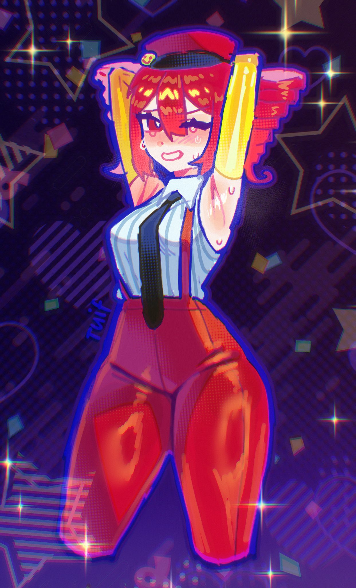 1girls, 2d, 2d (artwork), armpit crease, armpit fetish, armpits, arms behind head, arms up, armwear, big thighs, blush, blushing profusely, breasts, clothed, clothed female, clothing, curvaceous, curvy, curvy female, curvy figure, detailed background, exposed armpits, female, female only, fully clothed, hat, high waisted pants, hollow shine, kasane teto, kasane teto (sv), large thighs, latex, latex armwear, medium breasts, mesmerizer (vocaloid), mesmerizer teto, mv character, necktie, one eye closed, red eyes, red hair, revealing clothes, shiny armpits, shiny clothing, shiny hair, slim waist, solo, solo female, suggestive, suggestive pose, suspenders, sweat, sweating, sweaty armpits, thick thighs, thighs, tight clothing, tight pants, tuif, tuiffff, twin drills, wide hips