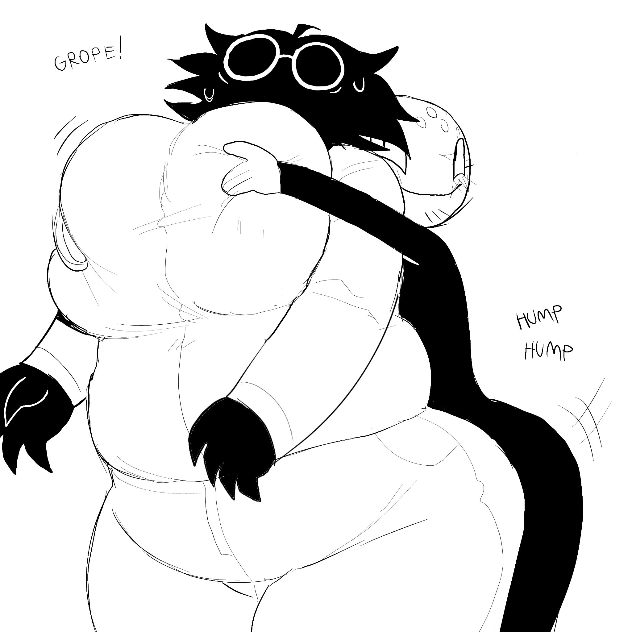 big breasts, bive (regretevator), black and white, black hair, bowler (dagothurunfclub), breasts, chubby, chubby belly, chubby female, clothed, dagothurfanclub, fat, female, from behind, glasses, grabbing breasts, grinding, grinding through clothes, groping, groping breast, groping from behind, humping, large breasts, larger female, monochrome, regretevator, roblox, roblox game, sweat, sweating, worried, worried expression, worried look