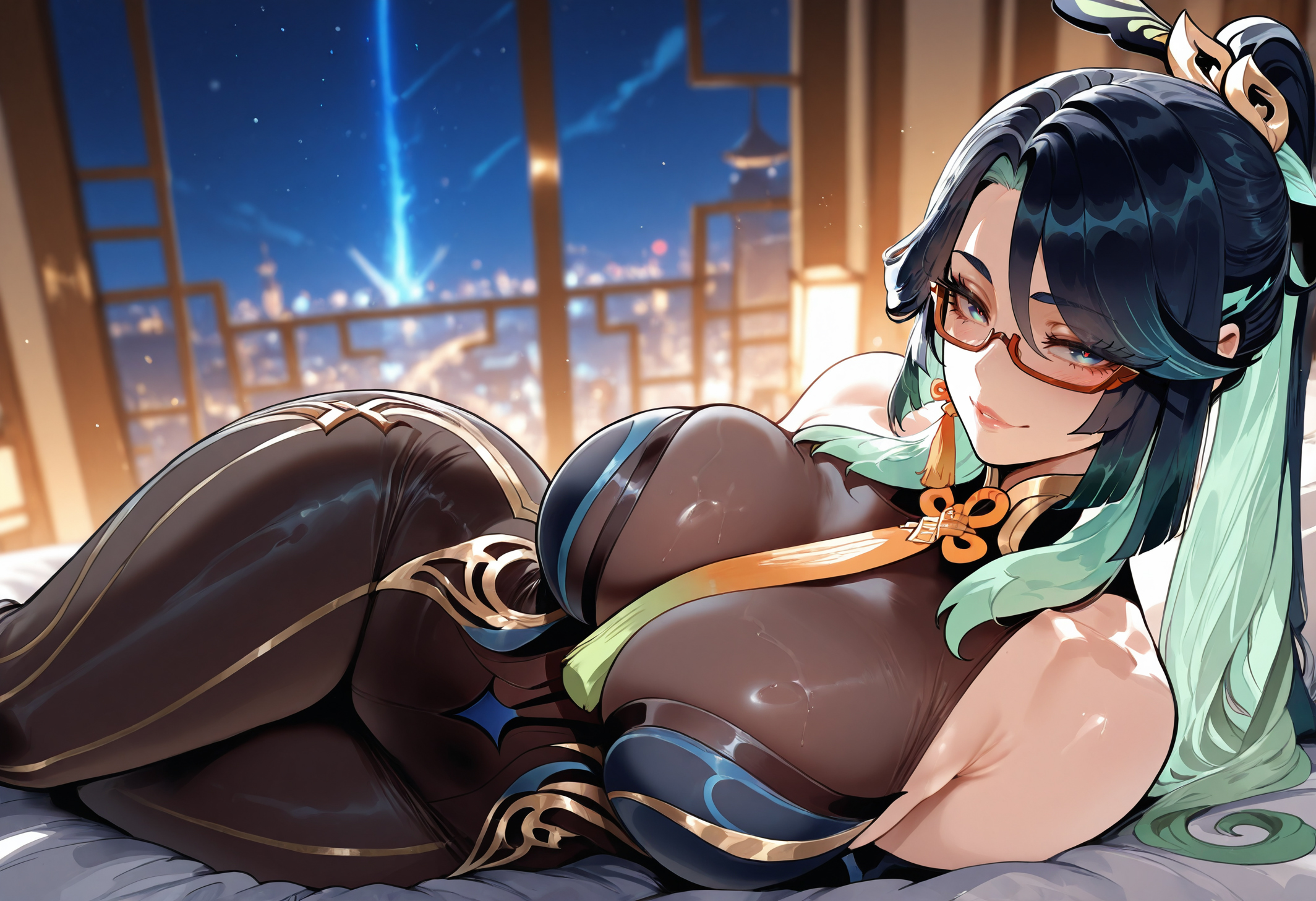 1girls, ai generated, alternate breast size, aqua eyes, aqua hair, ass, bangs, bare shoulders, bed, between breasts, big ass, big breasts, black dress, black hair, blush, bodystocking, bodysuit, breasts, cleavage, clothing, colored inner hair, curvaceous, curvaceous female, curvaceous figure, curvy, curvy figure, dress, earrings, eyewear, female, female focus, female only, genshin impact, glasses, green hair, hair ornament, high ponytail, huge breasts, indoors, inviting, inviting to sex, jewelry, large breasts, light-skinned female, lips, long hair, looking at viewer, lying, makeup, miyuai, multicolored hair, night, night sky, on bed, on side, ponytail, presenting, presenting ass, presenting breasts, presenting hindquarters, presenting self, red-framed eyewear, seductive, seductive look, seductive smile, semi-rimless eyewear, smile, solo, tassel, tassel earrings, thighs, two-tone hair, voluptuous, voluptuous female, wide hips, window, xianyun (genshin impact)