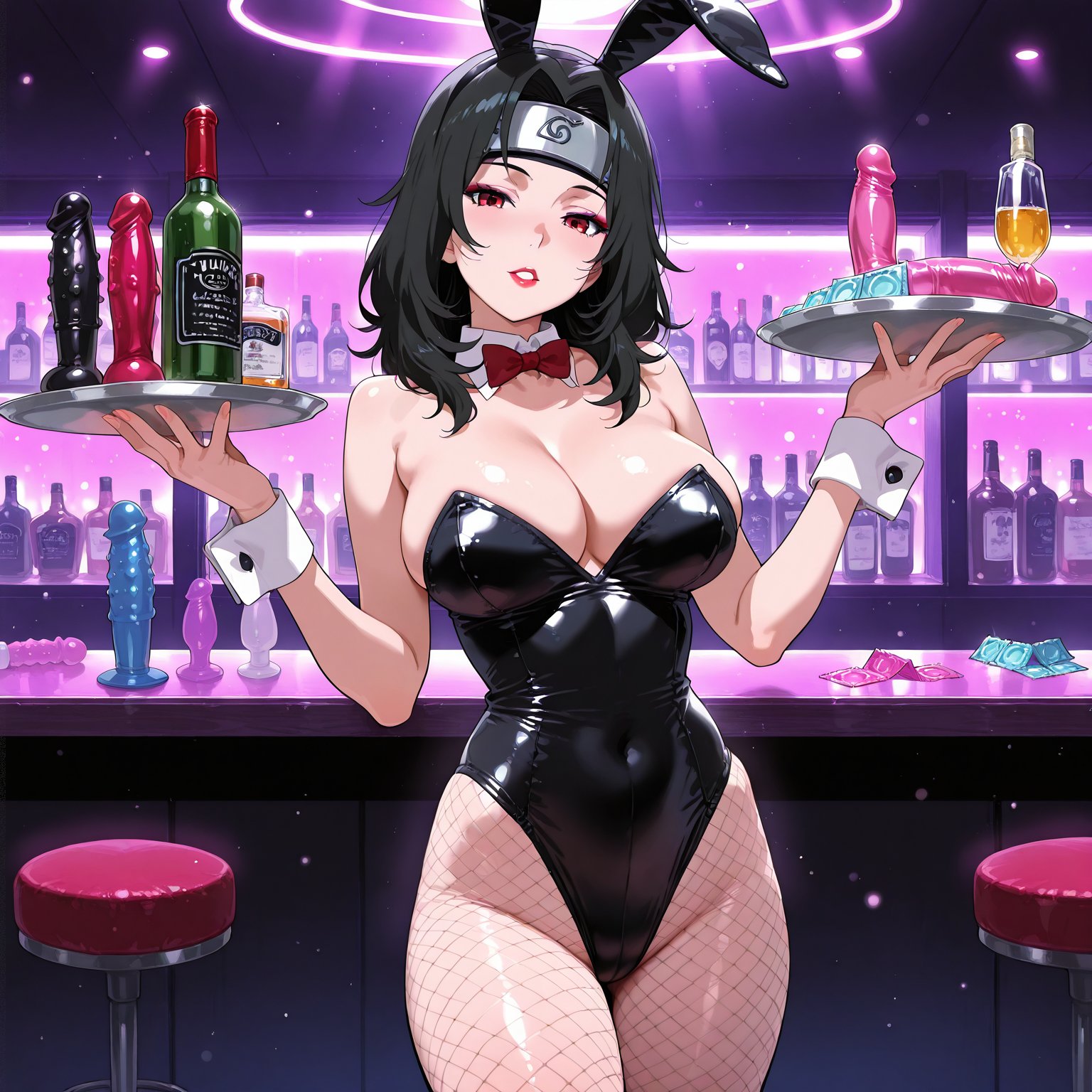 1girls, ai generated, alcohol, animal ears, bar, bare chest, bare shoulders, bare thighs, black hair, bottle, breasts, bunny ears, bunny girl, bunnysuit, choker, cleavage, clothing, collar, condom, condom packet strip, dildo, drink, fake animal ears, fake bunny ears, female, female only, glass, hair ornament, holding object, huge breasts, konohagakure symbol, kugufuai, kurenai yuhi, leotard, light skin, light-skinned female, lipstick, looking at viewer, makeup, mature, mature female, milf, nai diffusion, naruto, naruto (series), naruto shippuden, oppai, outfit, pinup, playboy bunny, red eyes, revealing clothes, sex toy, skimpy, skimpy clothes, smile, solo, solo focus, strapless, strapless leotard, strip club, text, thick thighs, thighs, thong leotard, tight clothing, voluptuous, waitress