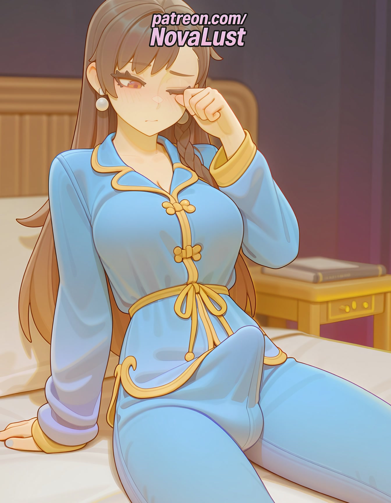 1boy, 1futa, 2025, ai generated, arm support, artist name, balls, braid, breasts, brown eyes, brown hair, bulge, bust, chest, chun-li, cock, dick, earrings, erection, futanari, hi res, high quality, high resolution, highres, intersex, jewelry, long hair, male, novalust, otoko no ko, pajamas, patreon, patreon username, penis, sitting, solo, stable diffusion, street fighter, testicles, watermark
