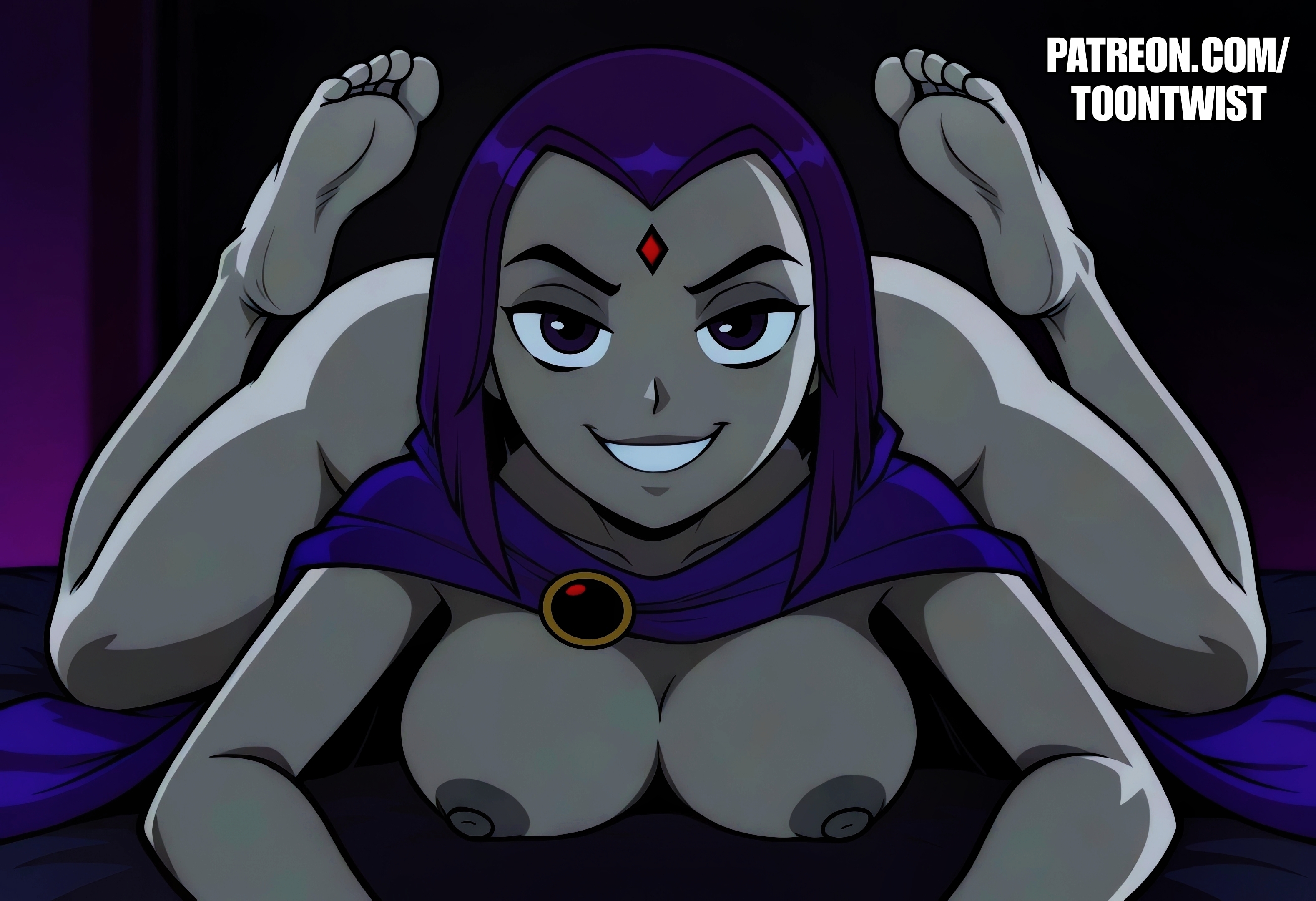 1girls, 4k, ass, ass up, big ass, big breasts, breasts, breasts out, cloak, cloak only, dc, dc comics, digital art, digital media, feet, feet up, female, female only, grey skin, on bed, original, original artwork, purple eyes, purple hair, raven (dc), smile, soles, solo, spread legs, spreading, the pose, titjob, toontwist