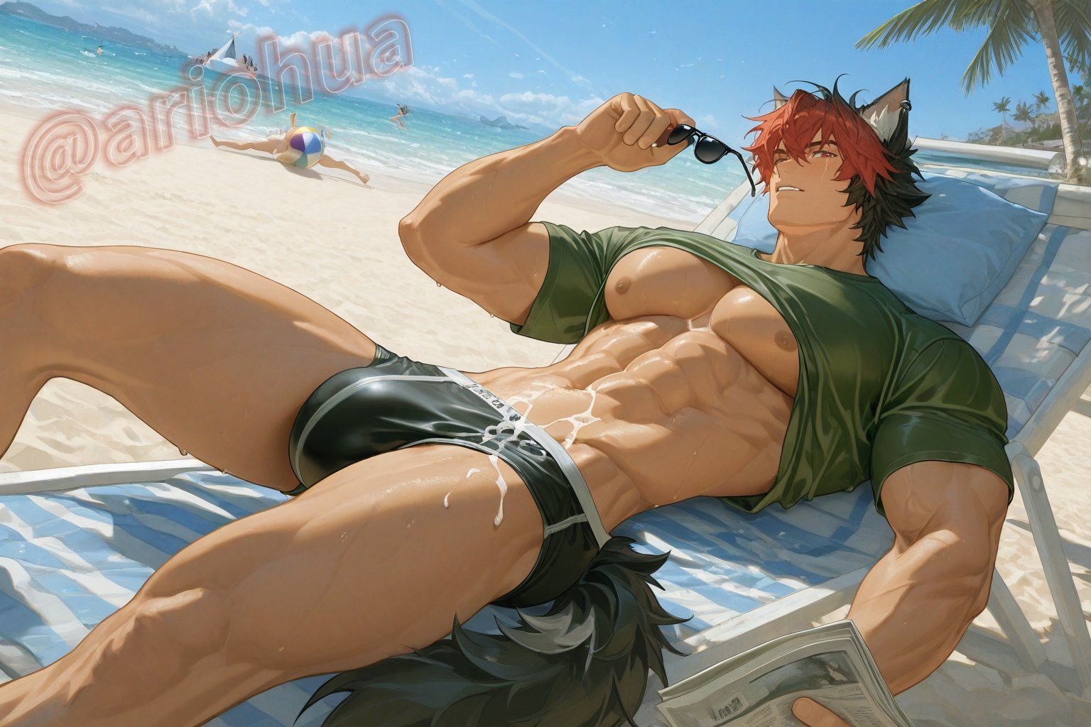 ai generated, ariohua, bara, gay, komano manato, male, male focus, male only, muscular, muscular male, yaoi, zenless zone zero