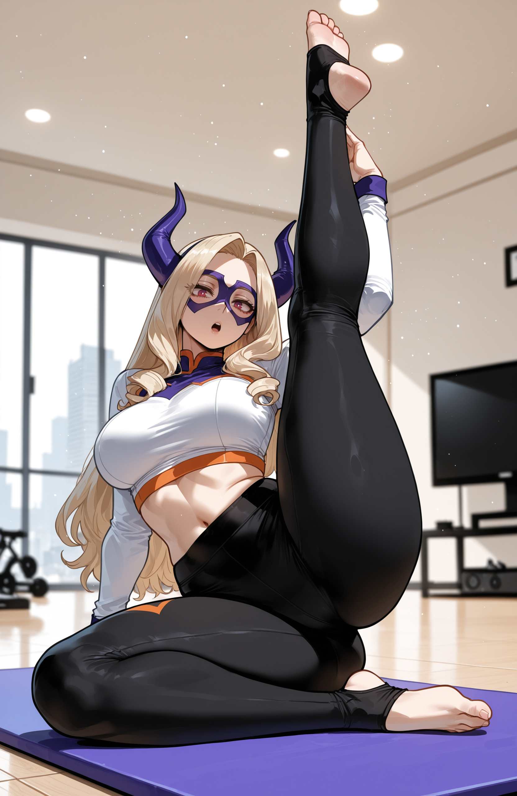 1girls, ai generated, big ass, big breasts, big butt, big thighs, blonde hair, boku no hero academia, cute, female, female only, huge ass, huge breasts, huge butt, leggings, legs up, miyuai, mount lady, my hero academia, solo, thick ass, thick butt, thick thighs, yoga, yoga pants, yoga pose, yuu takeyama