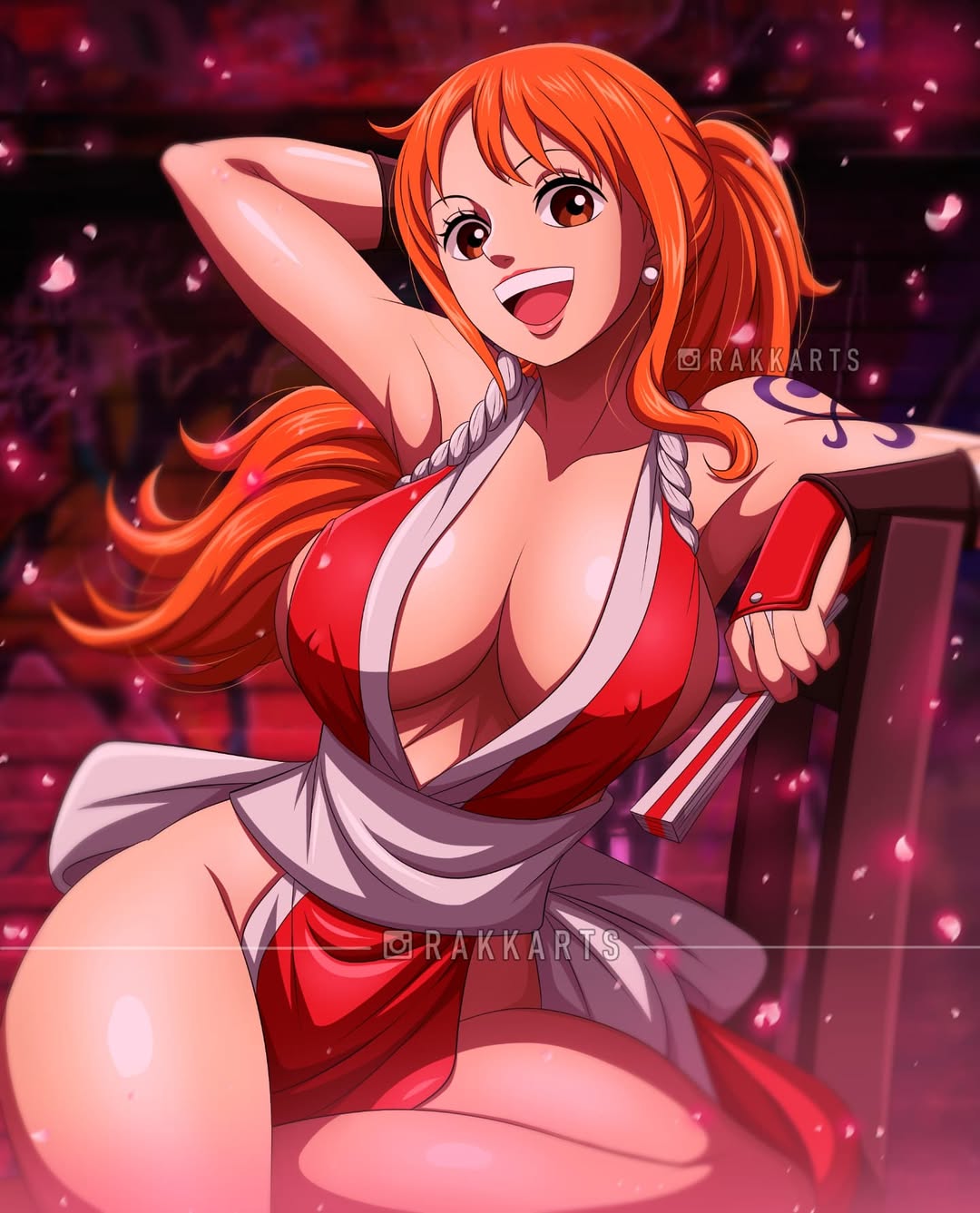 1girls, arm tattoo, blue tattoo, female, female only, mai shiranui (cosplay), nami (one piece), one piece, orange eyes, orange hair, orange-haired female, post-timeskip, rakara11, rakkarts, tattoo
