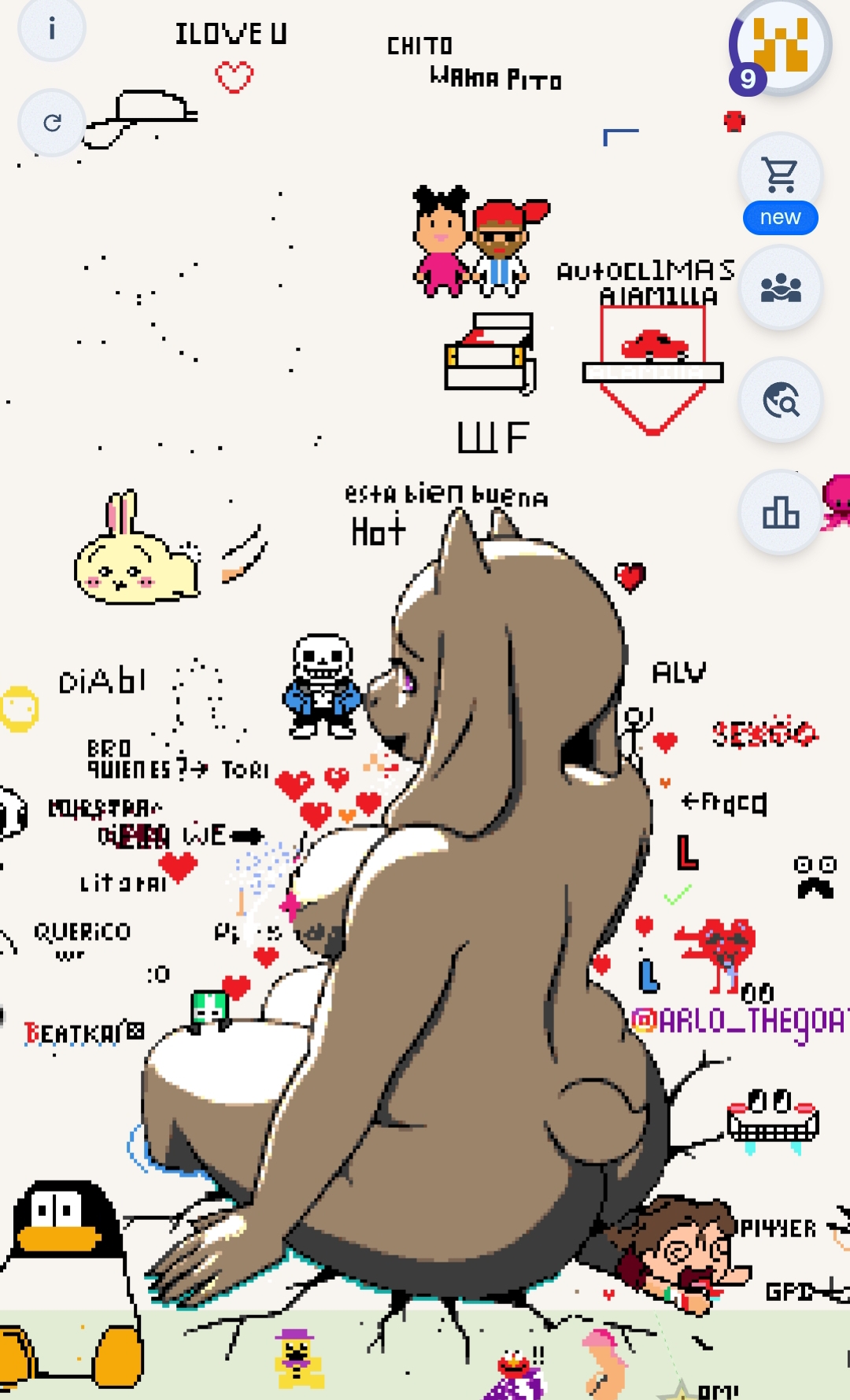 1girls, castle crashers, chiikawa, elmo, female, fnaf, golden freddy (fnaf), green knight, pixel art, sans, sans (undertale), sesame street, spanish text, toriel, undertale, undertale (series), usagi (chiikawa), wplace, wplace (artwork)
