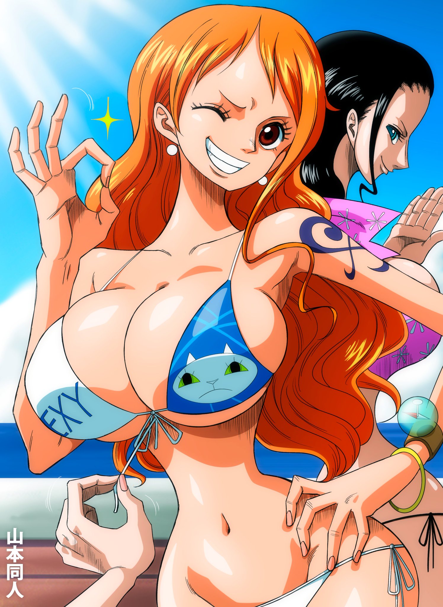 2girls, arm tattoo, bad, bad anatomy, bare legs, bare shoulders, bare thighs, big breasts, bikini, bikini bottom, bikini top, black hair, black-haired female, blue eyes, blue tattoo, breasts, clothed, clothing, color, female, female focus, female only, hi res, large breasts, light skin, light-skinned female, long hair, looking at viewer, nami (one piece), nico robin, one piece, orange hair, orange-haired female, shounen jump, solo female, tagme, tattoo, thick thighs, yamamoto doujin