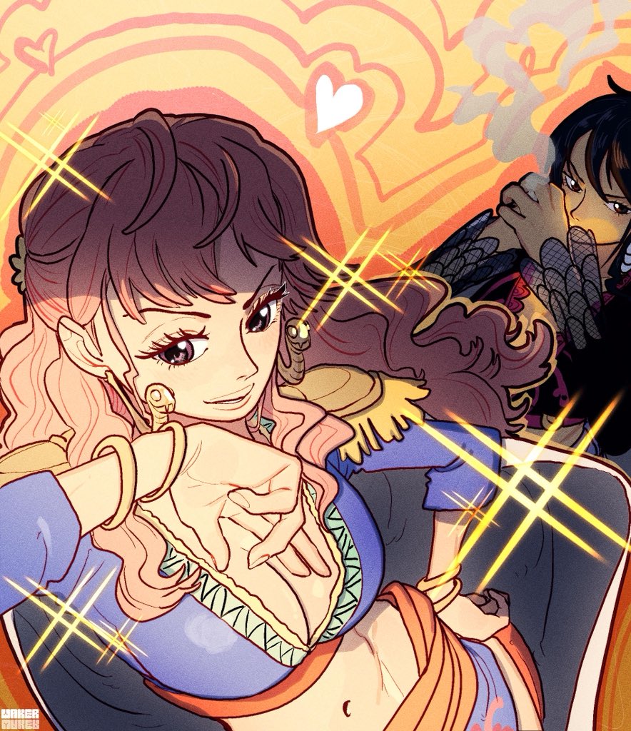 2girls, aywakutakuay, big breasts, black hair, black-haired female, breasts, clothed, clothing, colored, female, female focus, female only, gloriosa (one piece), hi res, jewelry, large breasts, light skin, light-skinned female, long hair, looking at viewer, one piece, pink hair, pink-haired female, sfw, shakuyaku, shounen jump, tagme, thick thighs
