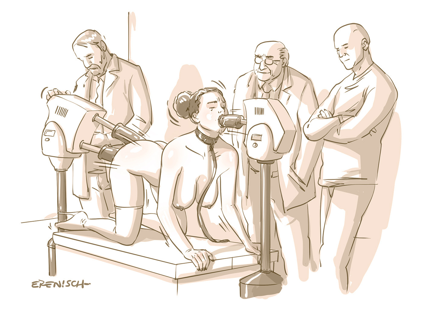 1girls, 3boys, all three filled, ballet boots, ballet heels, bondage, bound, collar, collar and leash, dildo, dildo in ass, dildo in mouth, dildo in pussy, erenisch, exam table, examination room, examination table, female, femsub, femvet, high heels, illustration, leash, legal slavery, machine, machine penetrating, male, naked, nude, on hands and knees, penetration, pet, petplay, processing, puppygirl, sex machine, slave, slave collar, slave girl, slave maintenance, thighhighs, triple penetration, very high heels, vet, veterinarian