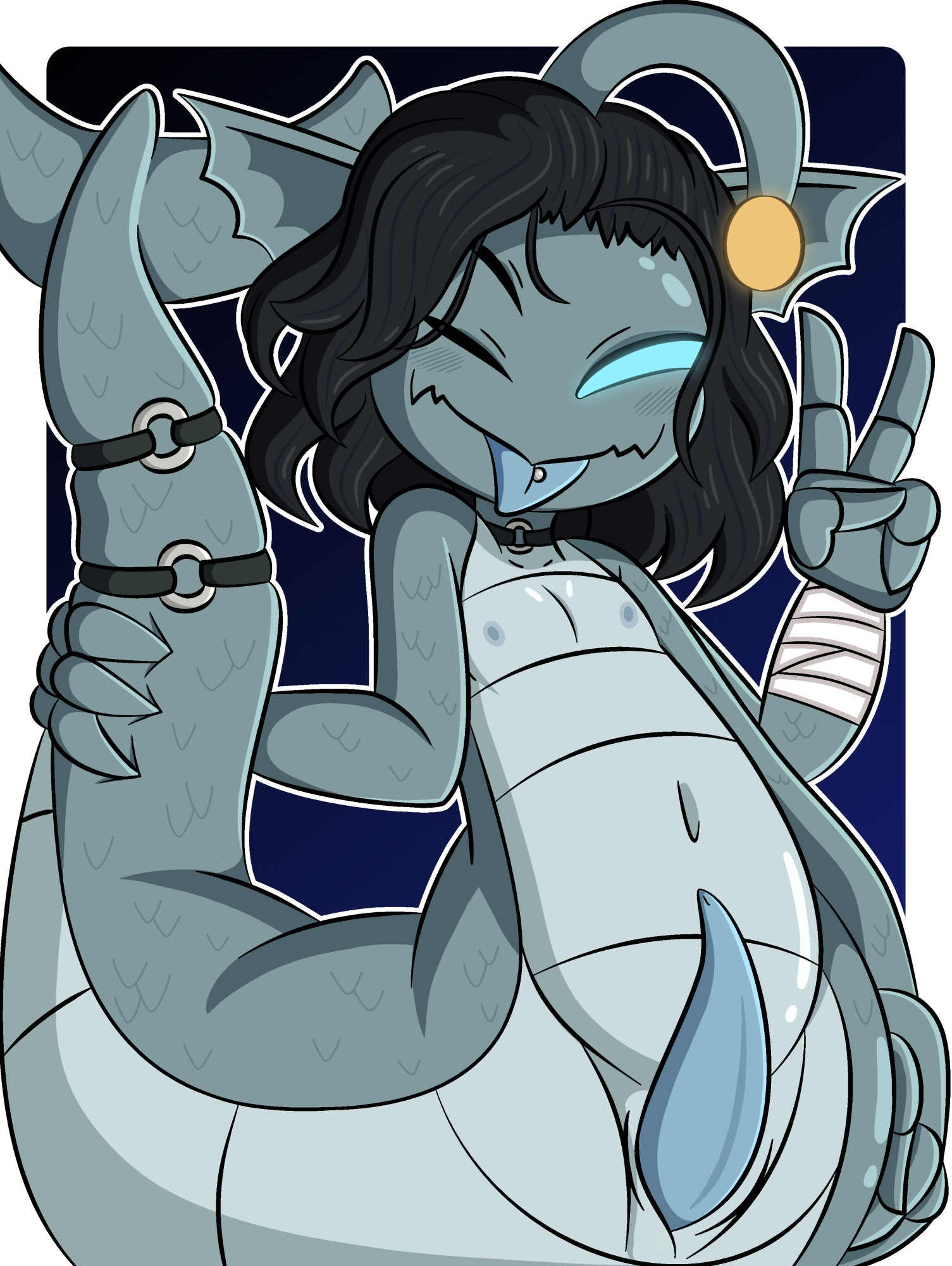 1boy, 1male, 1monster, 2025, 2d, 2d (artwork), 2d artwork, 3 arms, 3 eyes, bandaged arm, black hair, blue body, blue eyes, blue genitals, blue penis, blue skin, blue tongue, bluesky link, chibi, chibi style, choker, cock, cock out, color, colored, digital, digital art, digital drawing, digital drawing (artwork), digital media, digital media (artwork), dreameclipsewolf, dreamwolf, ear fins, full body, looking at viewer, lure (anatomy), male, male focus, merfolk, merman, monster, multi arm, multi eye, multi limb, naked, newgrounds link, nude, one eye open, peace sign, penis, penis out, pierced tongue, pixiv link, prehensile penis, pressure (roblox), roblox, roblox game, scales, sebastian solace, serpentine, short hair, solo, solo focus, solo male, tail fin, tongue, tongue out, tongue piercing, twitter link