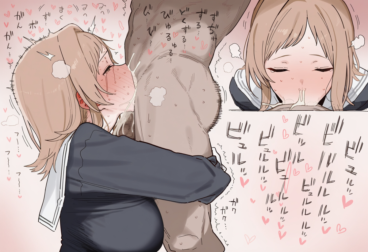 ai generated, balls, balls deep, balls deep fellatio, cum, cum in nose, deepthroat, excessive cum, face plant, fellatio, female, idolmaster, idolmaster shiny colors, male, motion lines, multiple views, sakuragi mano, ushiroman
