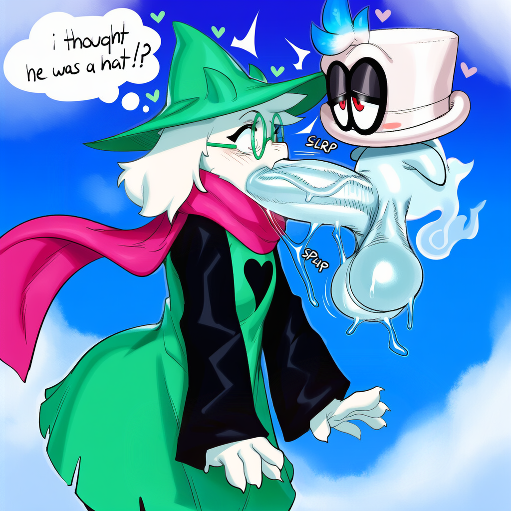 <3 eyes, 2025, 2boys, absurd res, ai generated, anthro, balls, big balls, big penis, blush, bodily fluids, bovid, cappy (mario), caprine, clothed, clothing, darkner, deltarune, dialogue, digital media (artwork), duo, english text, erection, eyewear, fellatio, fur, gay, genital fluids, genitals, girly, glasses, goat, green clothing, hat, headgear, headwear, heart, heart clothing, hellsonger, hi res, horn, huge cock, humanoid genitalia, long penis, male, male/male, mammal, oral, oral penetration, penetration, penile, penis, precum, ralsei, robe, rule 63, saliva, scarf, sex, small but hung, sound effects, text, thick penis, undertale (series), vein, veiny penis, white body, white fur
