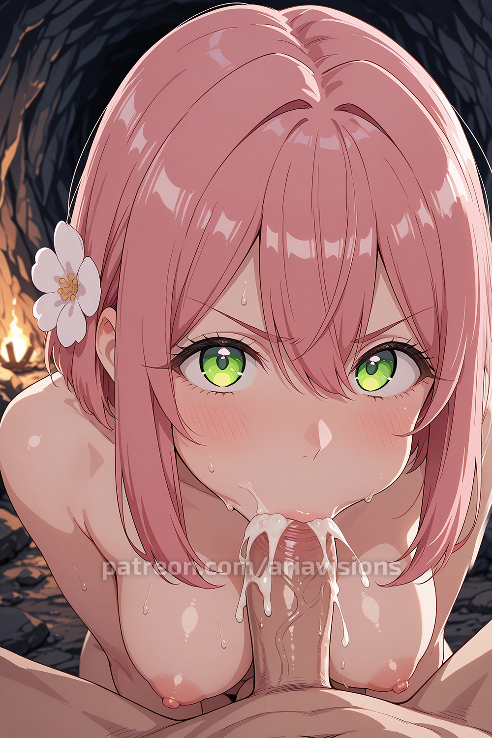 ai generated, angry, ariavisions, blowjob, blush, close-up, cum, cum in mouth, female, filled to the brim, green eyes, hair between eyes, hair flower, hair ornament, hanazono hakari, kimi no koto ga dai dai dai dai daisuki na 100-nin no kanojo, looking at viewer, pink hair, puffy cheeks, sidelocks