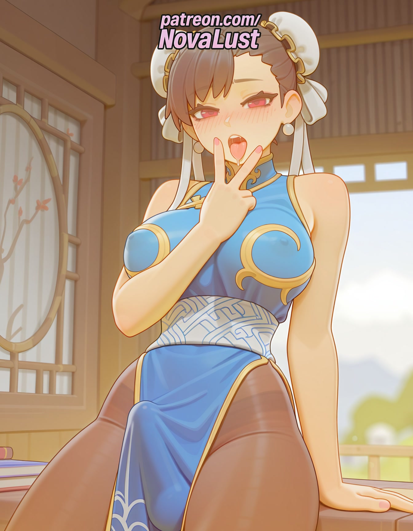 1futa, 2025, ai generated, artist name, blue dress, blush, breasts, brown hair, bulge, bun cover, bust, chest, china dress, chinese clothes, chun-li, cock, dick, dress, earrings, erection, futanari, hi res, high quality, high resolution, highres, indoors, intersex, jewelry, novalust, open mouth, pantyhose, patreon, patreon username, pelvic curtain, penis, sash, sitting, solo, stable diffusion, street fighter, watermark