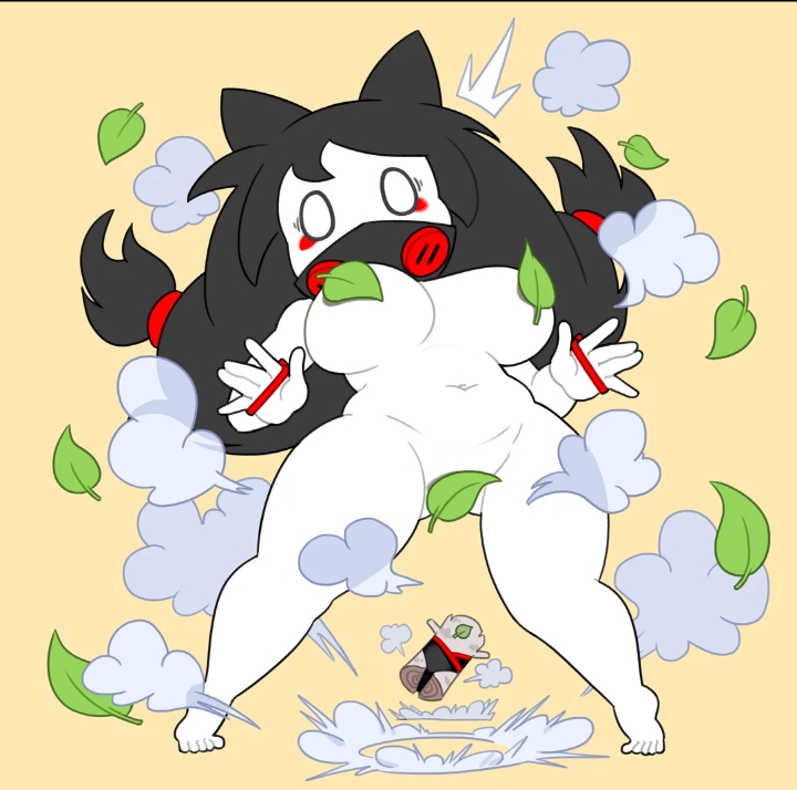 black hair, blush, convenient censoring, embarrassed, female, female only, leaf, mario (series), minus8, ninji (mario), ninji girl, nintendo, nude female, shocked, smoke, solo, tagme, wardrobe malfunction, white skin