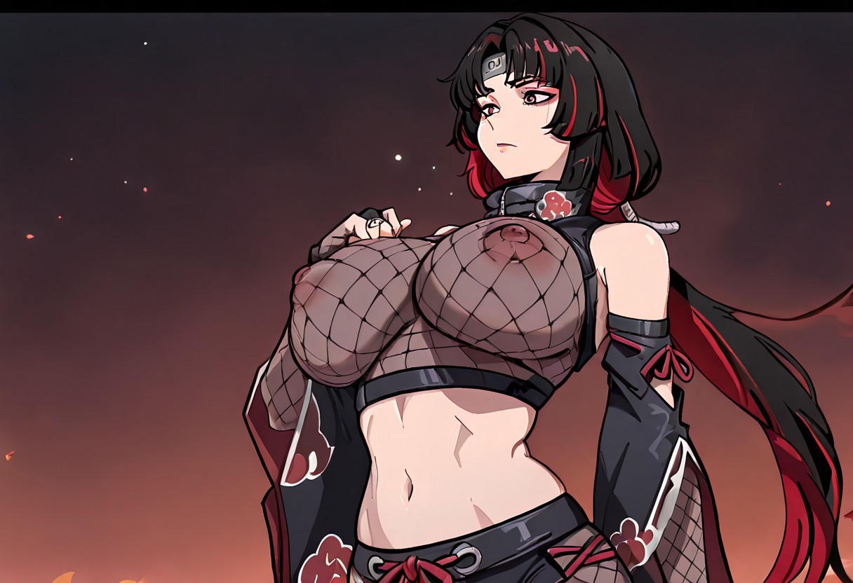 1girls, ai generated, akatsuki (naruto), anime, anime girl, areolae visible through clothing, big breasts, black hair, breasts, coombrain15 (style), eclipsea (enigma of sepia), enigma of sepia, female, fishnet clothing, genderbent, genderswap (mtf), human, human only, illustrious (stable diffusion), long hair, midriff, mtf crossgender, naruto, naruto (classic), naruto (series), naruto shippuden, nipples, nipples visible through clothing, no bra, no bra under clothes, red hair, rule 63, self upload, shonen jump, shounen jump, solo, solo female, solo focus, tagme, two-tone hair, uchiha itachi, weekly shonen jump, weekly shounen jump