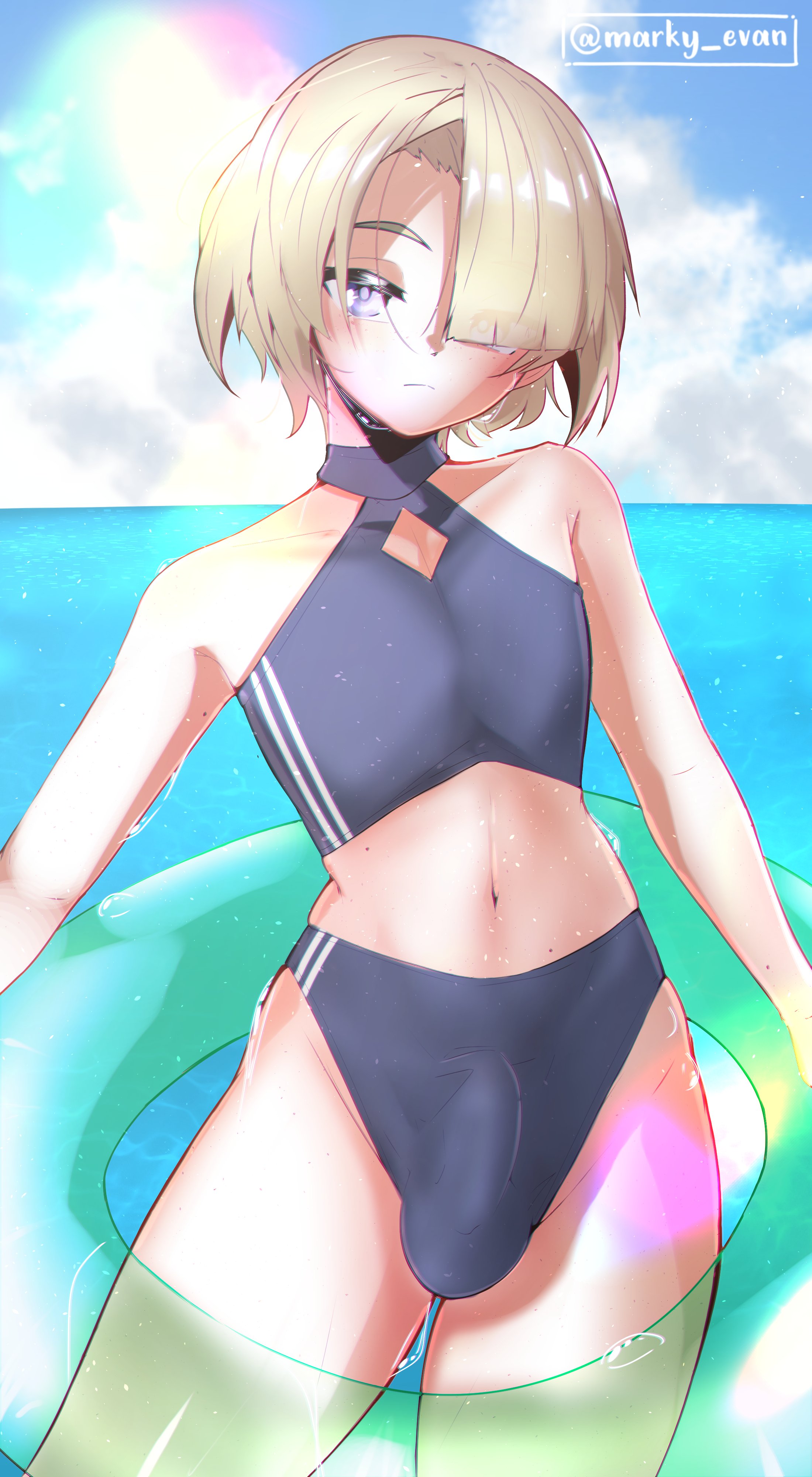 1boy, big bulge, black swimsuit, blonde hair, bottomwear, bulge, bulge through clothing, bulge under clothes, clothing, cute, cute face, cute femboy, eye visible through hair, femboy, femboy only, freckles, freckles on face, freminet (genshin impact), genshin impact, hair, high resolution, highres, male, male only, marky evan, pool float, pool toy, purple eyes, solo, solo femboy, solo male, swimwear, thighs, topwear, wet, wet body