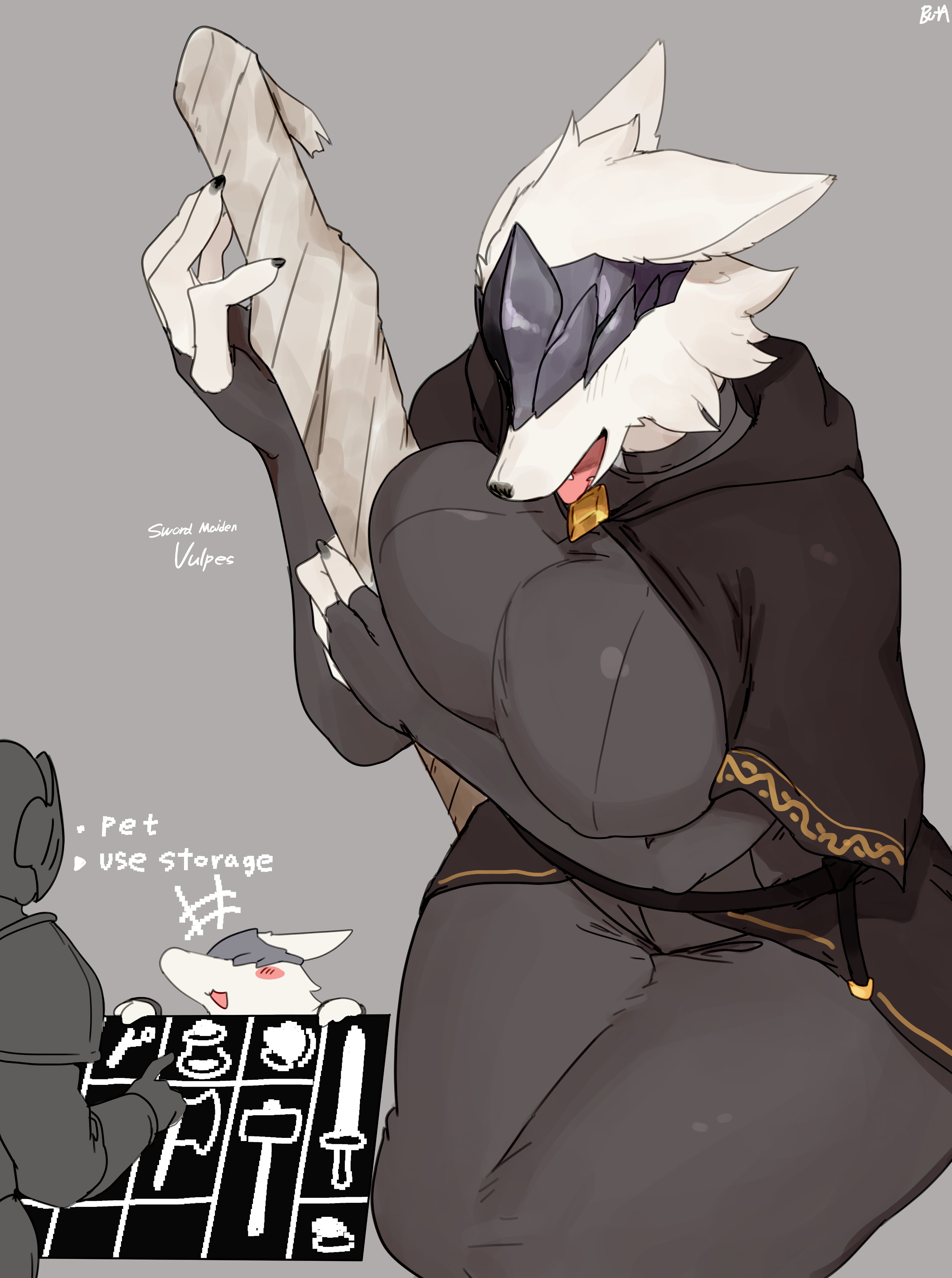 1girls, 2025, 4 fingers, absurd res, anthro, big breasts, biped, blindfold, blush, bottomwear, breasts, buta99, canid, canine, canis, claws, clothed, clothed anthro, clothed female, clothed human, clothing, digital drawing (artwork), digital media (artwork), domestic dog, duo, english text, female, finger claws, fingers, front view, fully clothed, fully clothed anthro, fully clothed female, fully clothed human, fur, grey background, hair, human, mammal, open mouth, simple background, sitting, teeth, text, tongue, topwear, white body, white fur, white hair