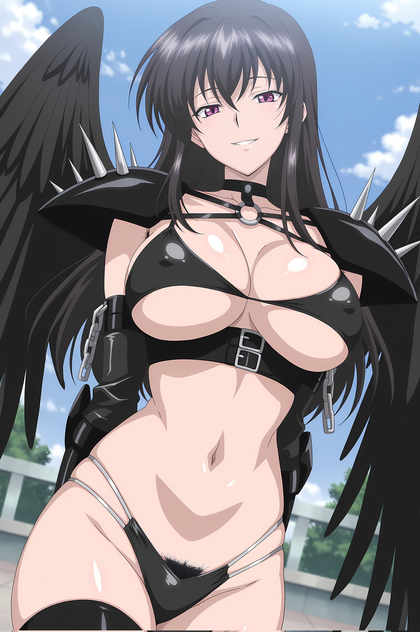 1girls, 2025, ai generated, black armpit hair, black hair, black pubic hair, fallen angel, female, female armpit hair, female only, female pubic hair, high school dxd, pubic hair, pubic hair peek, purple hair, raynare, tagme