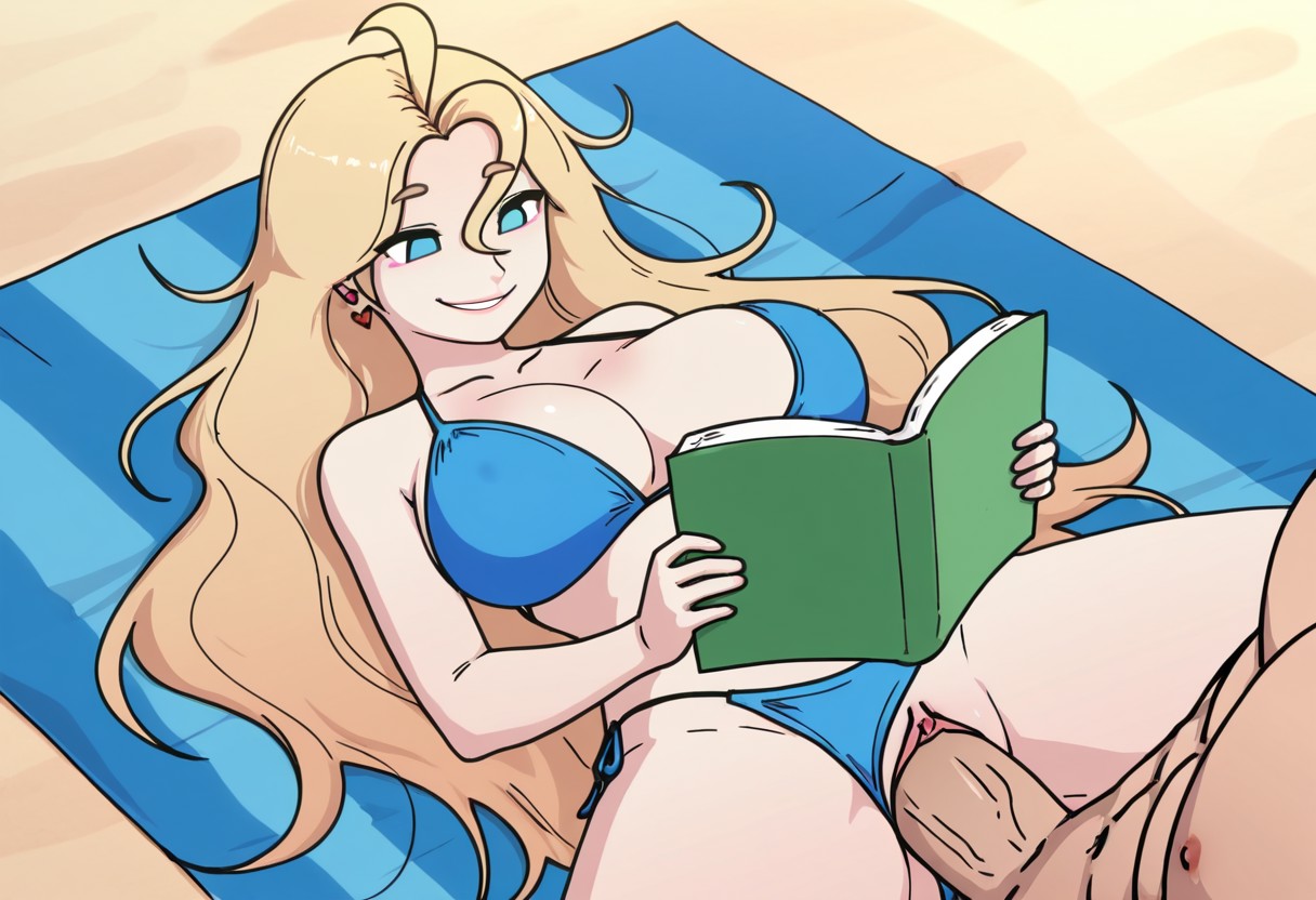 ai generated, bikini, bikini aside, breasts, cum, derpixon, female, huge breasts, pussy, reading book, spread legs, vaginal penetration, valentine (derpixon)