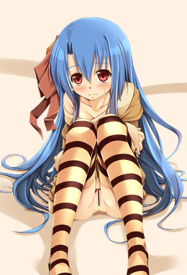 blush censored fct long_hair no_panties red_eyes rocbouquet romancing_saga romancing_saga_2 saga sitting striped striped_legwear striped_thighhighs thighhighs