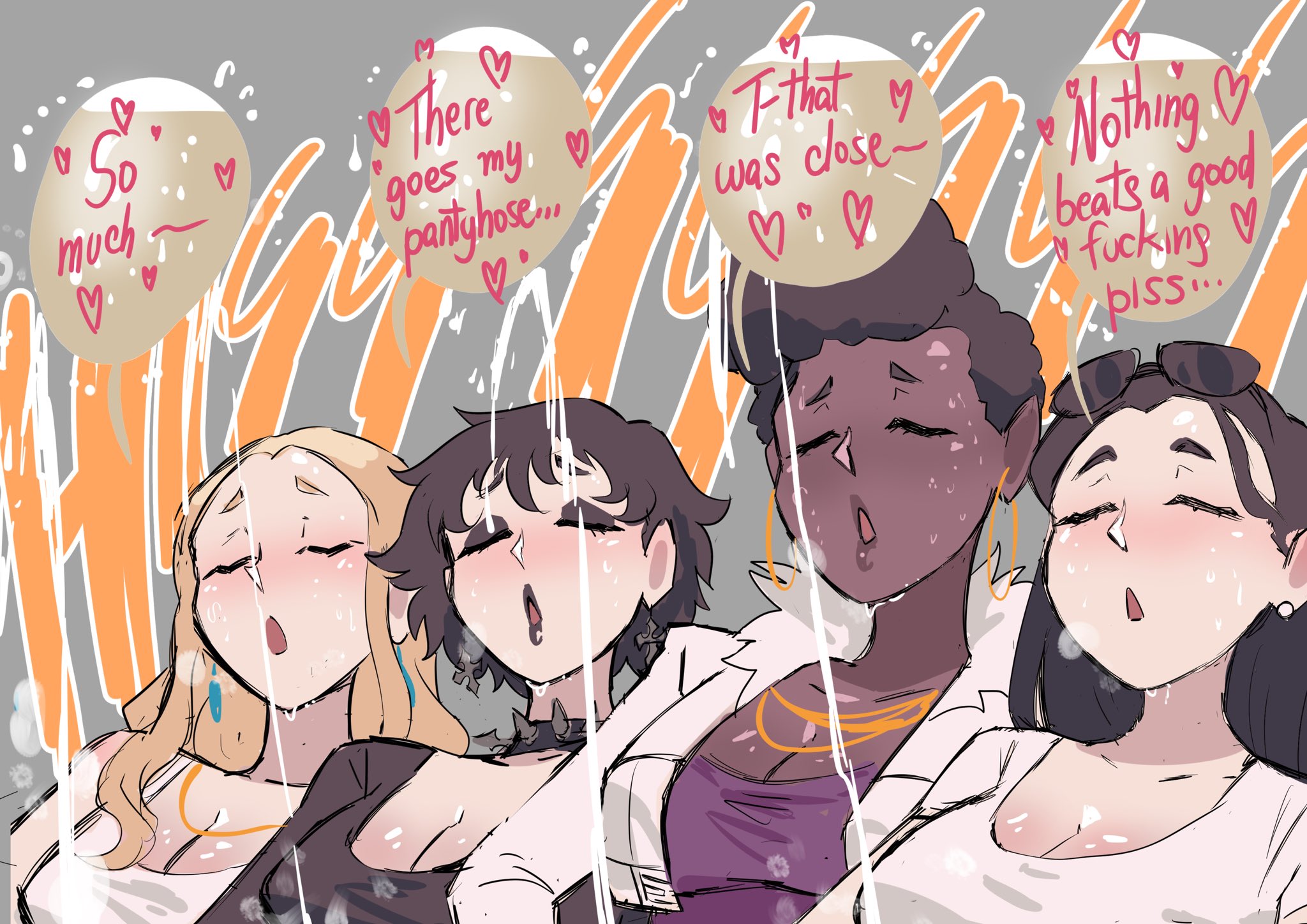 4girls, aaliyah (biku), barbara (biku), biku, black hair, black shirt, blonde hair, blue earrings, blush, breasts, cleavage, closed eyes, collar, cropped jacket, cross earrings, dark-skinned female, deborah (biku), dress, earrings, elena (biku), english text, eyewear, eyewear on head, female, hoop earrings, jacket, large breasts, light-skinned female, long hair, necklace, onomatopoeia, open clothes, open jacket, open mouth, original, peeing, peeing together, purple dress, relief, relieved, shiny skin, shirt, short hair, short jacket, speech bubble, spiked collar, sunglasses, sunglasses on head, sweat, tank top, text, text bubble, white earrings, white jacket, white shirt, white tank top