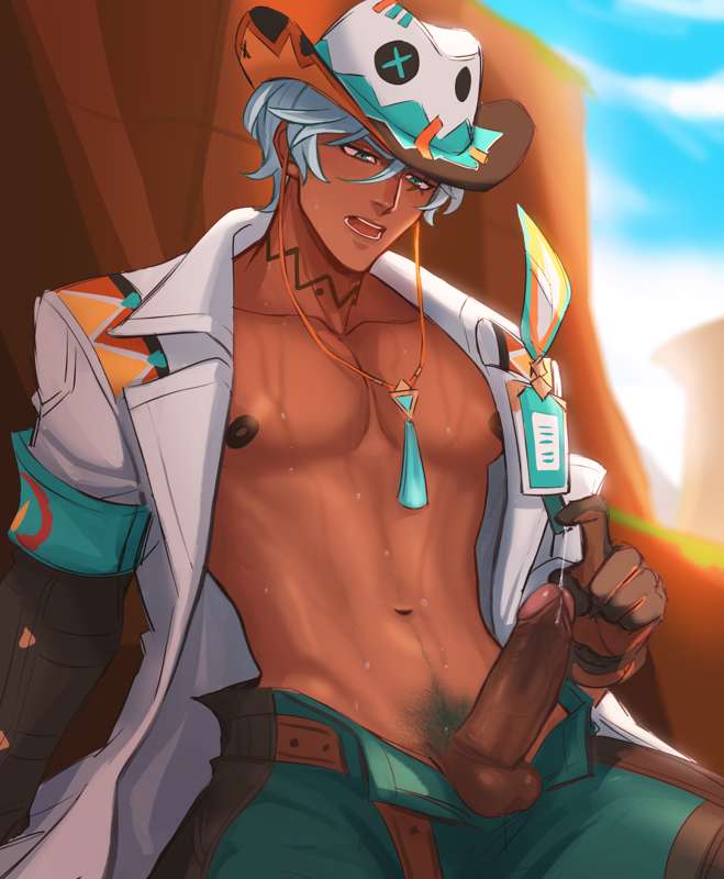 clothed, erect penis, erection, genshin impact, horny love, ifa (genshin impact), male, male focus, male only, nipples, pecs, pectorals, penis, penis out, precum, precum on penis, precum string, pubic hair, solo male, sombre slahc, sweat, sweatdrop, sweating, sweaty, sweaty body, tan body, unbottoned shirt