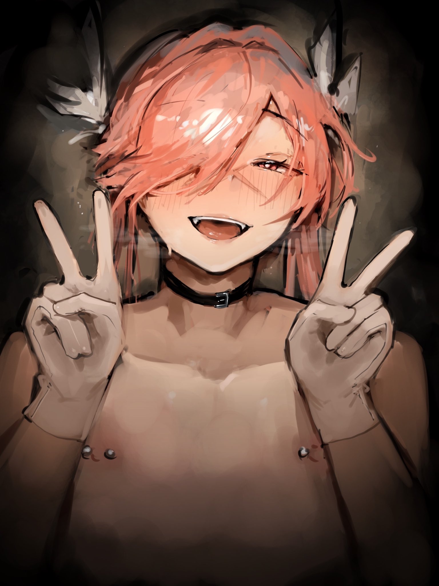 1femboy, alterkyon, barbell piercing, blush, collar, cross scar, double v, feather hair ornament, female, femboy, gloves, hair over one eye, half-closed eyes, heavy breathing, long hair, magical boy, magical girl, magicorps (alterkyon), male, male nipples, nipples, original, pierced nipples, piercing, pink eyes, pink hair, scar, scar on nose, smile, solo, tadakuni (alterkyon), twintails, v sign, white gloves