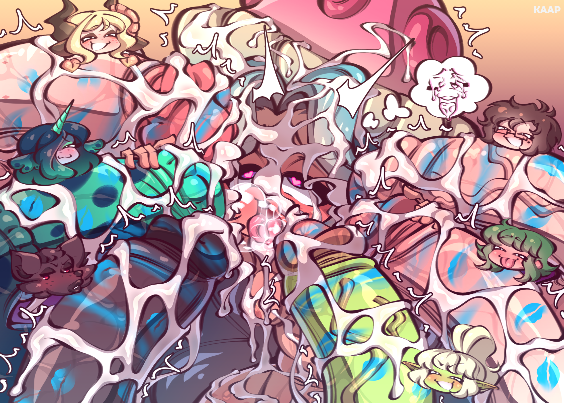 2020s, 2025, 2d, 2male, 4futas, absurd res, black penis, blowbang, blue lipstick, blue penis, blue-haired female, breasts, broken female, bukkake, cassia (phosmethyst), color, commission, covered in cum, cum, cum everywhere, cum on all visible body parts, deepthroat mark, edam (erovsaaaka), excessive cum, excessive cum covered, excessive genital fluids, female, flared penis, foreskin, futa on female, futa/female, futanari, gangbang, glasses, green hair, green penis, green skin, heads, heart shaped pupils, heather (kaapcom), hi res, horn, horns, horse penis, horsecock, huge cock, huge cocks, hyper cum, hyper cum covered, hyper penis, intersex, kaap, kaapcom (artist), kiss mark, laughing, laughing at another, maki madori, male, male/female, massive penis, michael hillus, mischievous smile, mouth open, multiple penises, mushroom hat, naked female, nina (tayuri), no dialogue, orc male, penis, penises everywhere, precum drip, precum leaking, purple eyes, ridged penis, shaded, six on one, small breasts, small tits, smirking at partner, sticky cum, thick cum, thought bubble, tongue out, tsarina sofia persica (peach cobbler), uncircumcised, veins, veiny penis, wolf futa